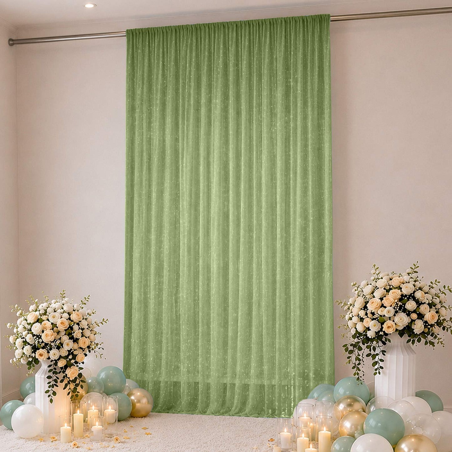 Sheer Backdrop Curtain Panel 10ft × 14ft Dusty Sage Green – Wedding Arch Drape with Rod Pocket, Ceil