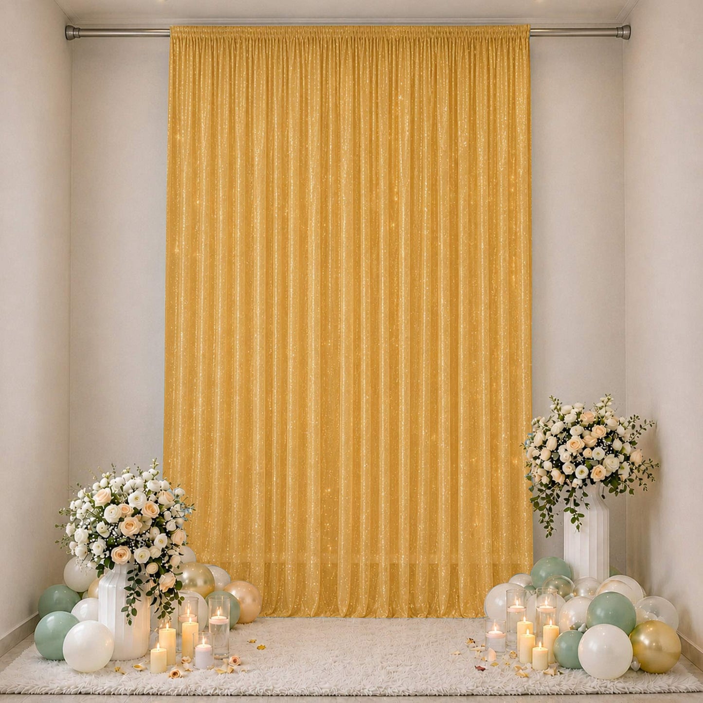 Sheer Backdrop Curtain Panel 10ft × 14ft Gold – Wedding Arch Drape with Rod Pocket, Ceiling Draping 