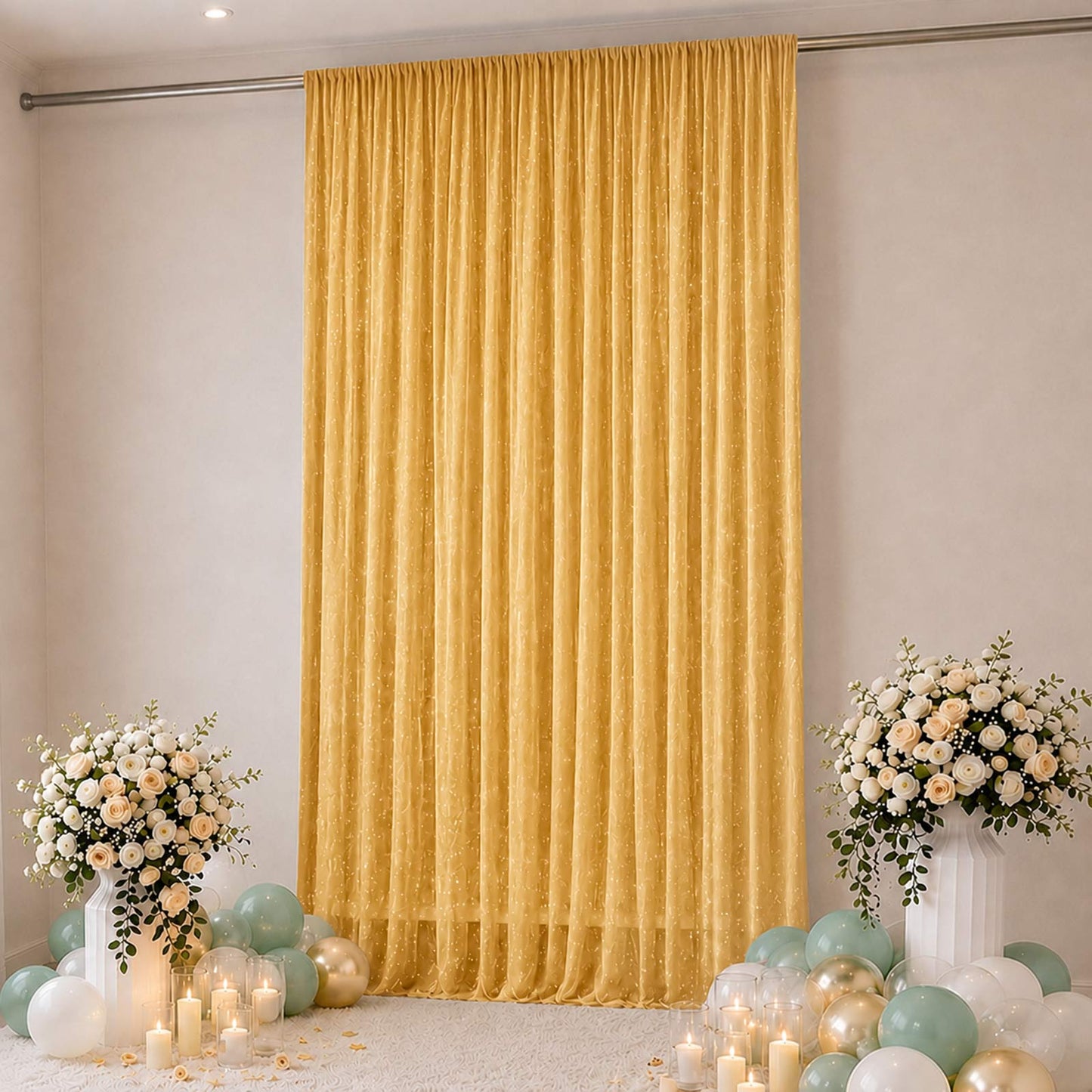 Sheer Backdrop Curtain Panel 10ft × 14ft Gold – Wedding Arch Drape with Rod Pocket, Ceiling Draping 