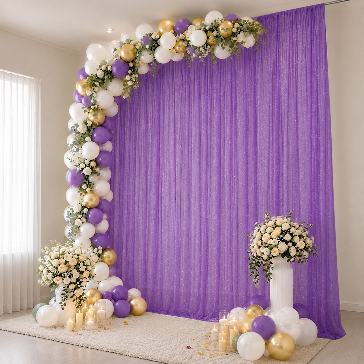 Sheer Backdrop Curtain Panel 10ft × 14ft Purple – Wedding Arch Drape with Rod Pocket, Ceiling Drapin