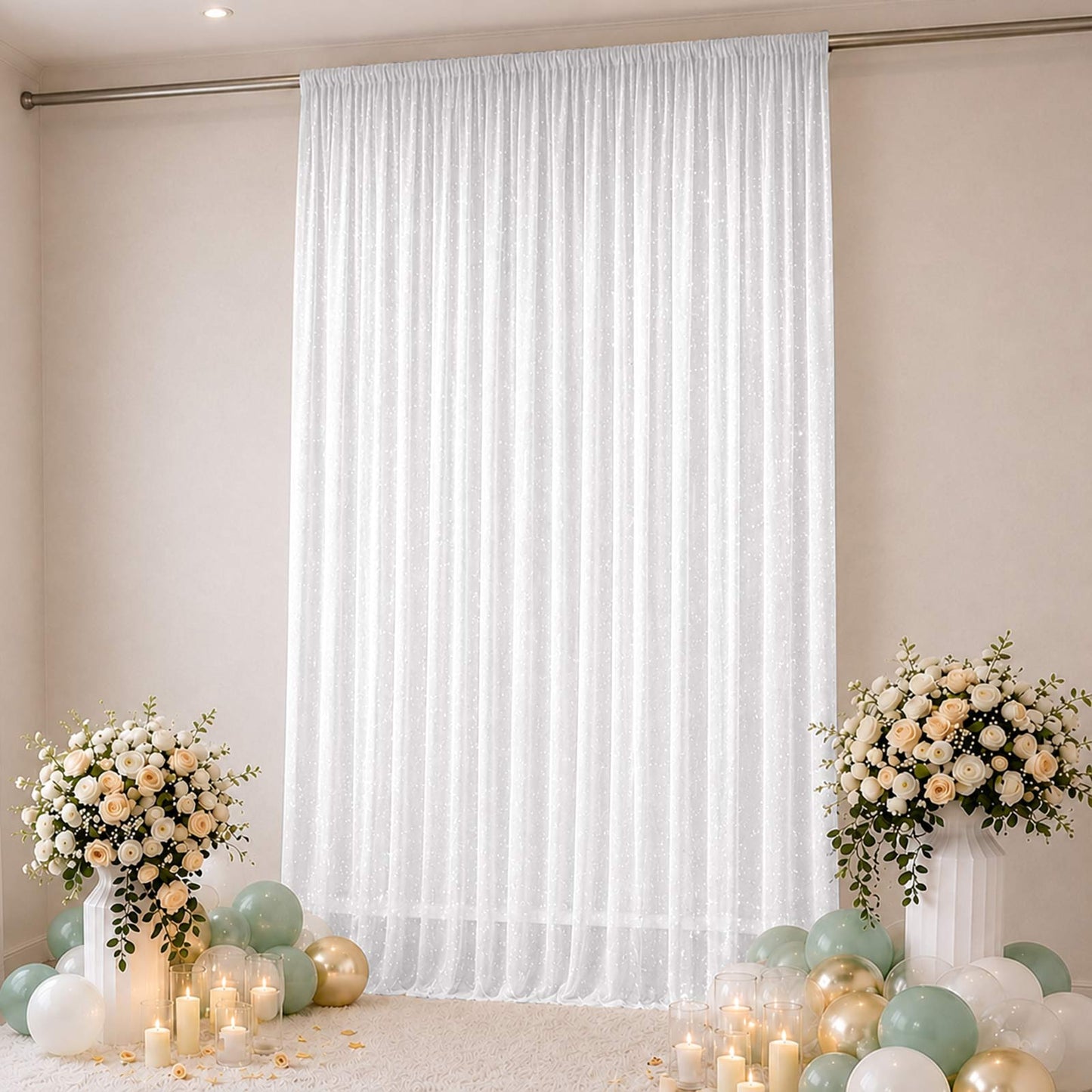 Sheer Backdrop Curtain Panel 10ft × 14ft White – Wedding Arch Drape with Rod Pocket, Ceiling Draping