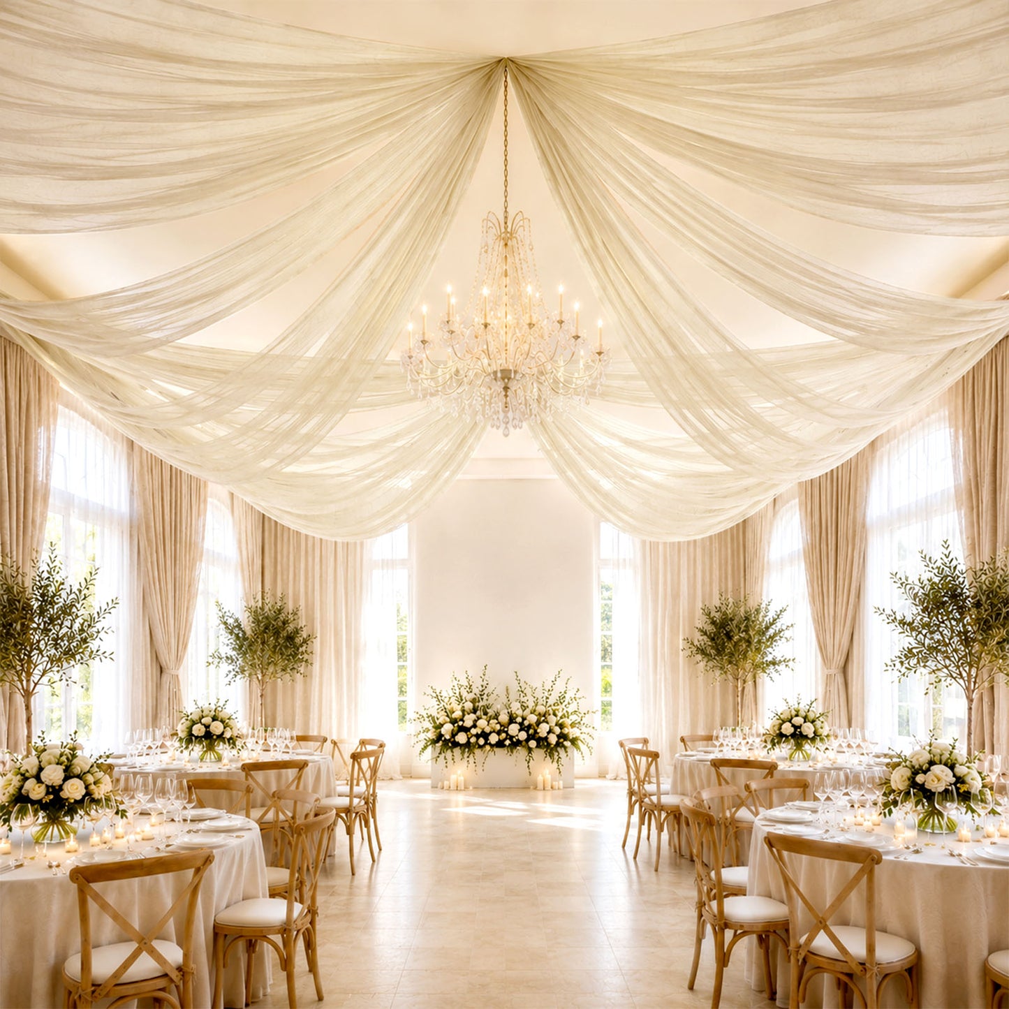 Sheer Ceiling Drape – 10ft x 32ft Beige Extra Long Drapery Panel for Wedding Canopy, Backdrop & Rece