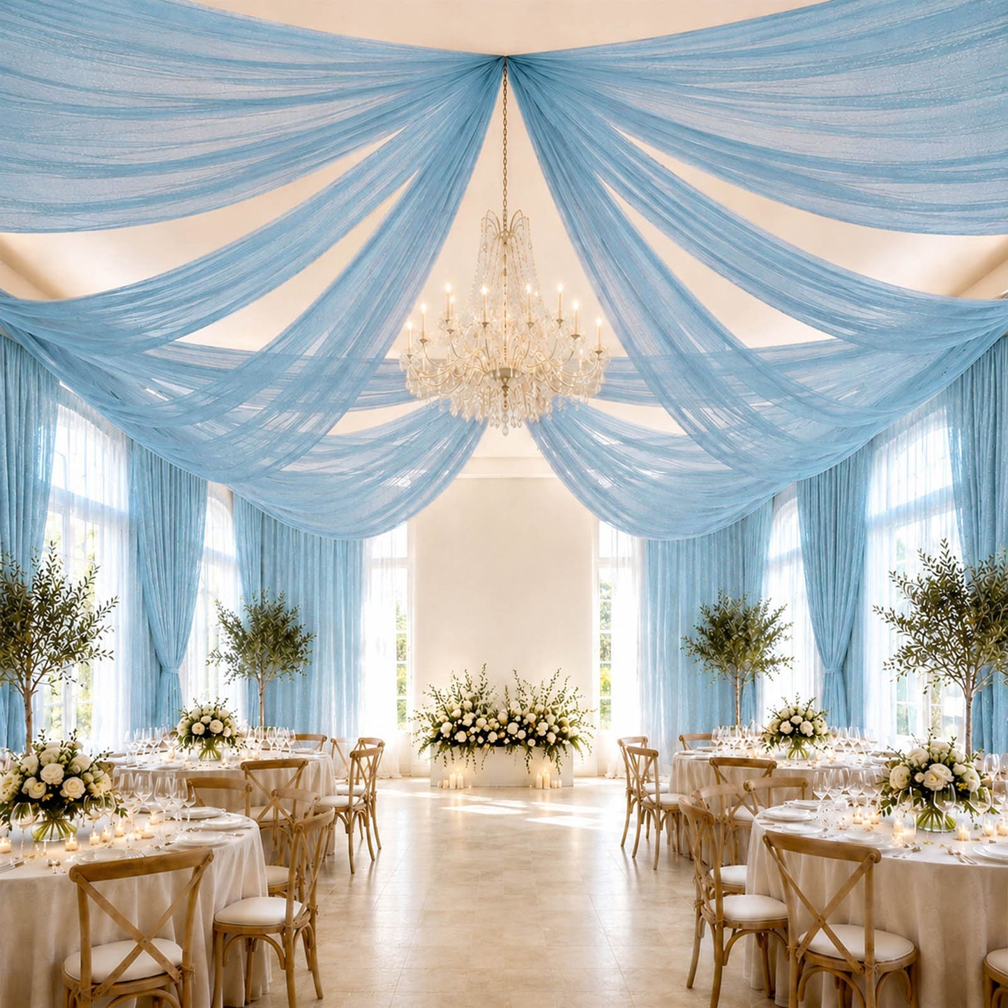 Sheer Ceiling Drape – 10ft x 32ft Dusty Blue Extra Long Drapery Panel for Wedding Canopy, Backdrop &