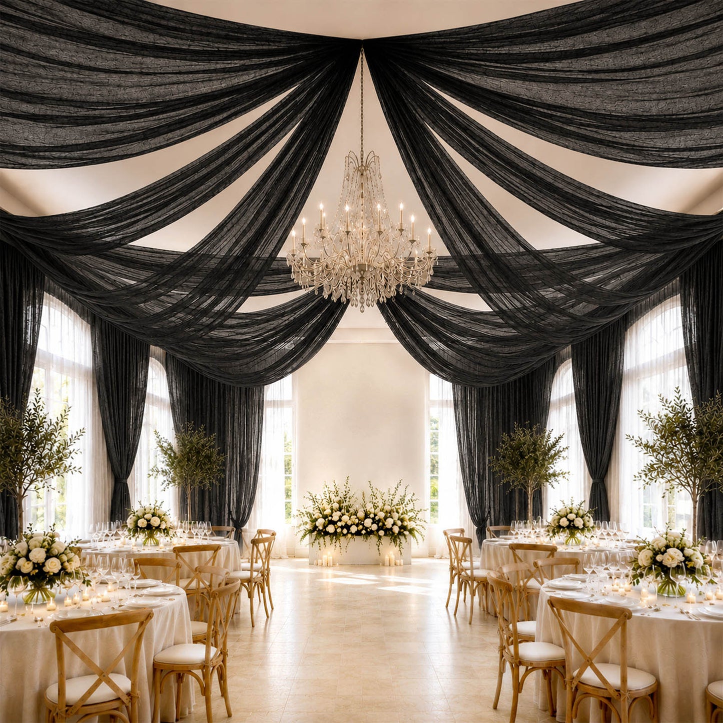 Sheer Ceiling Drape – 10ft x 32ft Black Extra Long Drapery Panel for Wedding Canopy, Backdrop & Rece