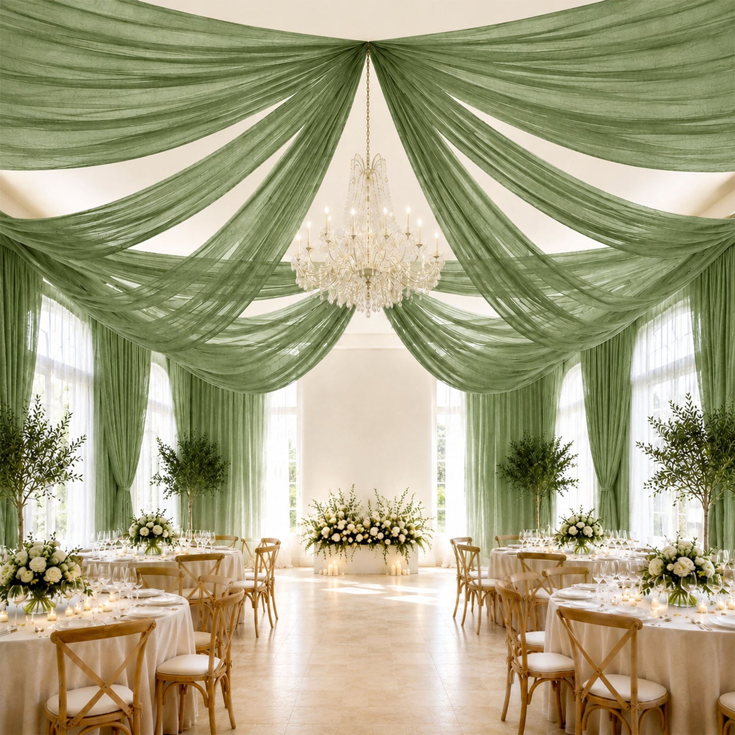 Sheer Ceiling Drape – 10ft x 32ft Dusty Sage Green Extra Long Drapery Panel for Wedding Canopy, Back