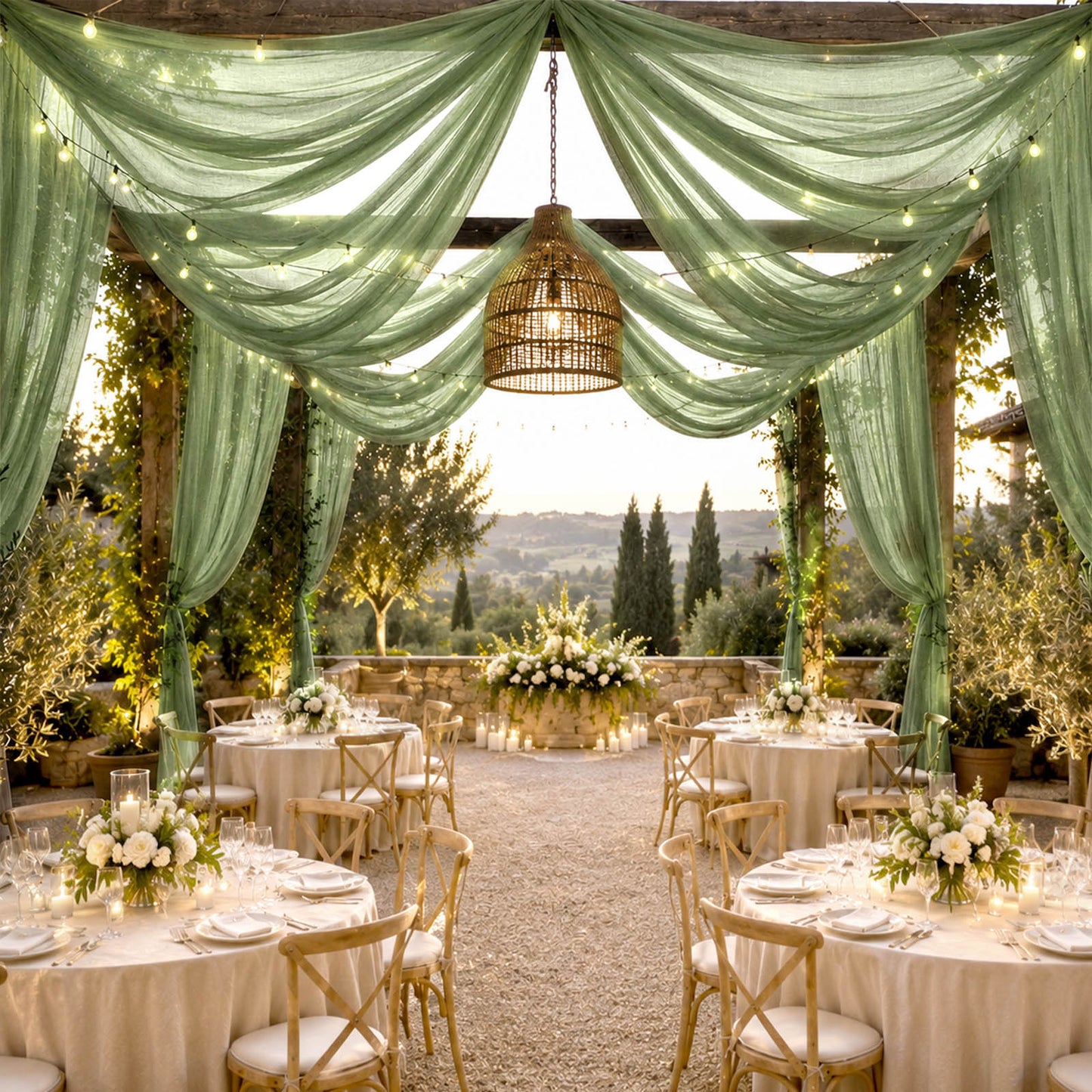Sheer Ceiling Drape – 10ft x 32ft Dusty Sage Green Extra Long Drapery Panel for Wedding Canopy, Back