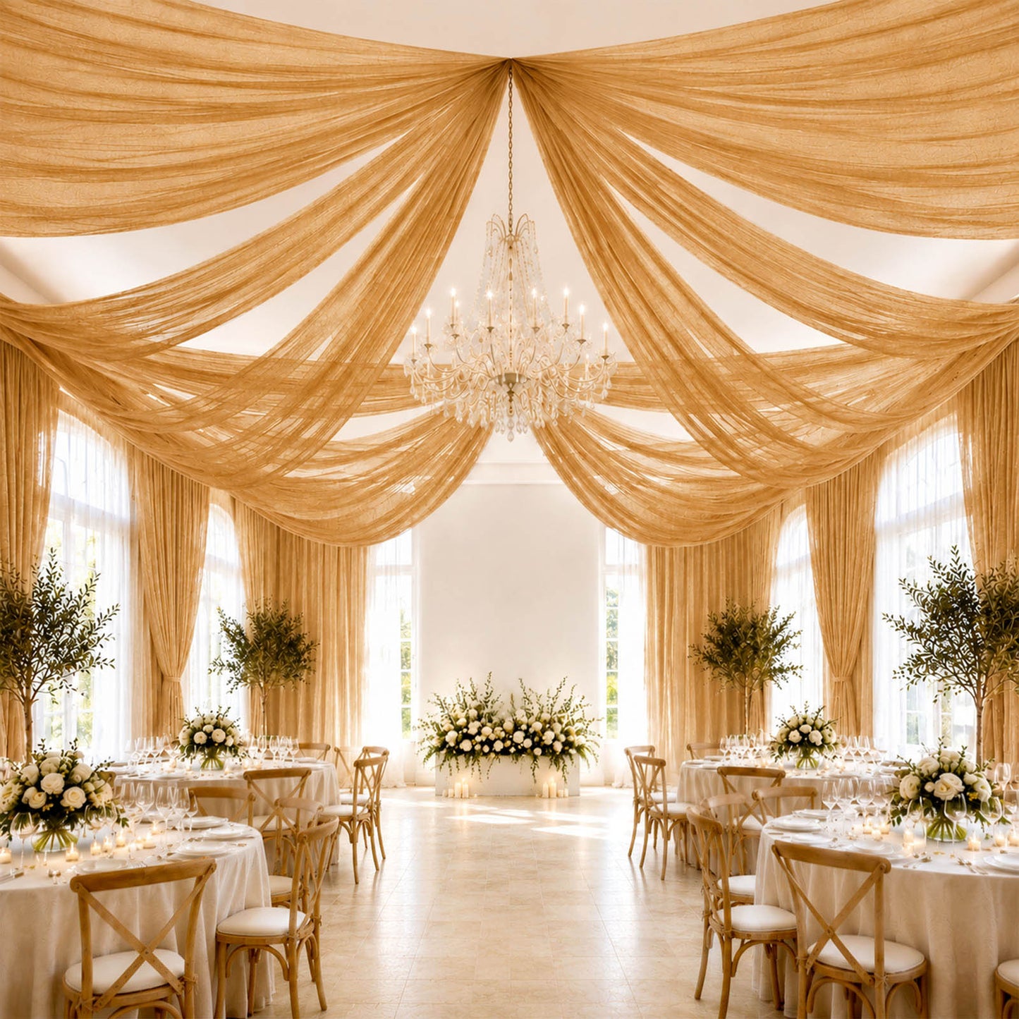 Sheer Ceiling Drape – 10ft x 32ft Gold Extra Long Drapery Panel for Wedding Canopy, Backdrop & Recep