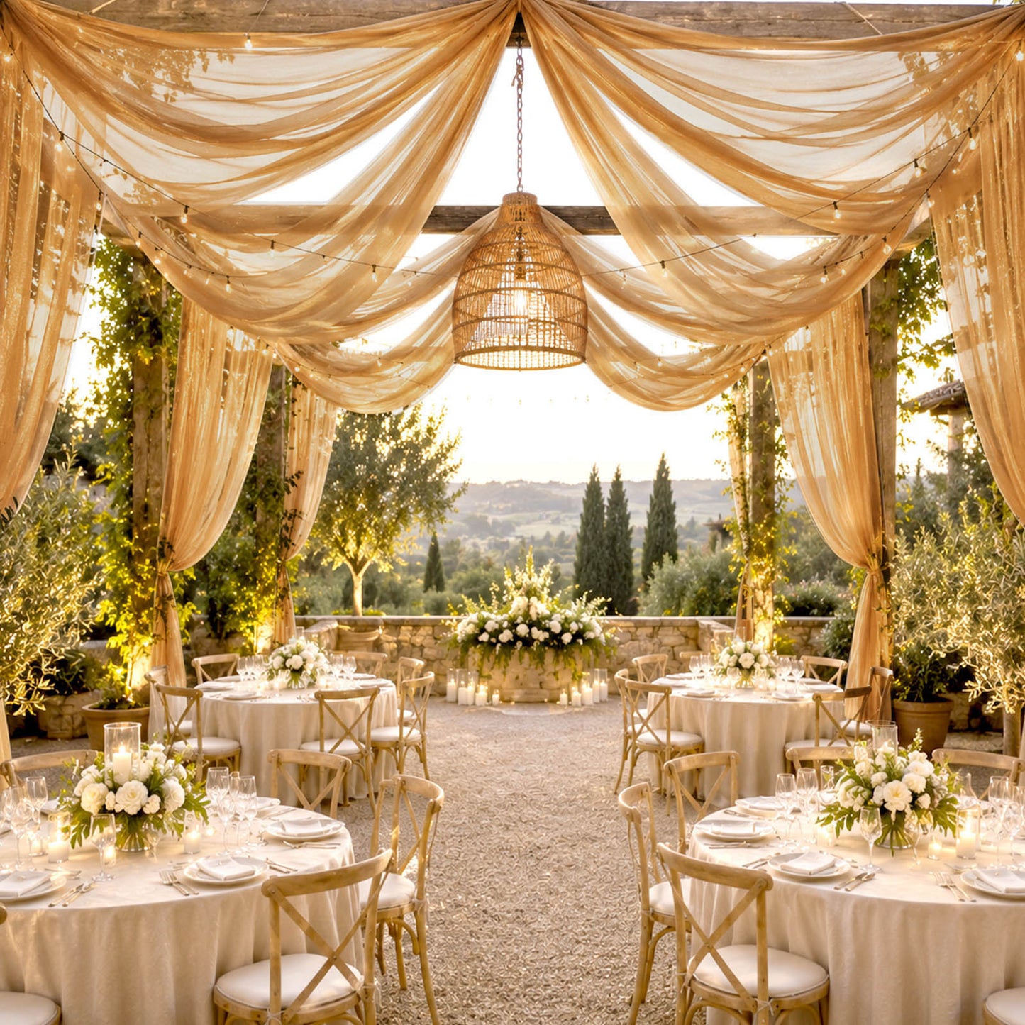 Sheer Ceiling Drape – 10ft x 32ft Gold Extra Long Drapery Panel for Wedding Canopy, Backdrop & Recep
