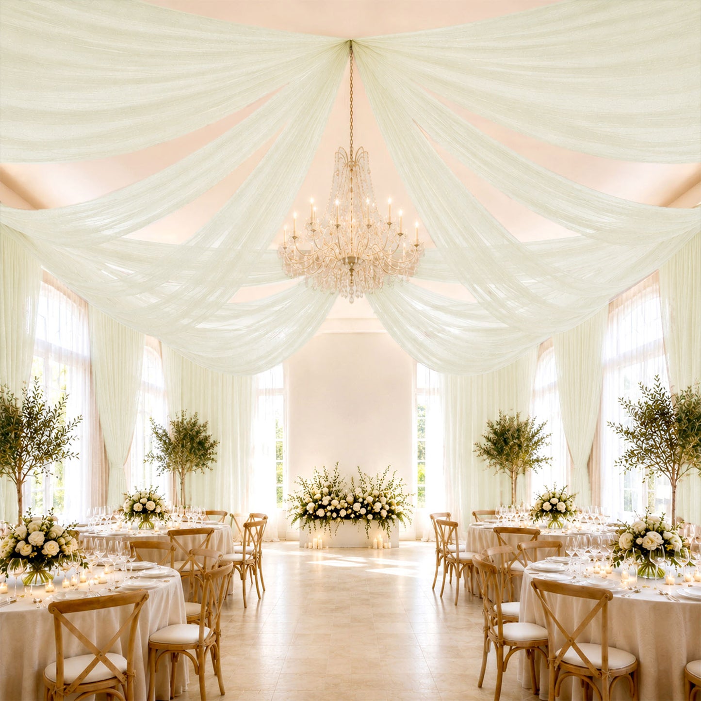 Sheer Ceiling Drape – 10ft x 32ft Ivory Extra Long Drapery Panel for Wedding Canopy, Backdrop & Rece