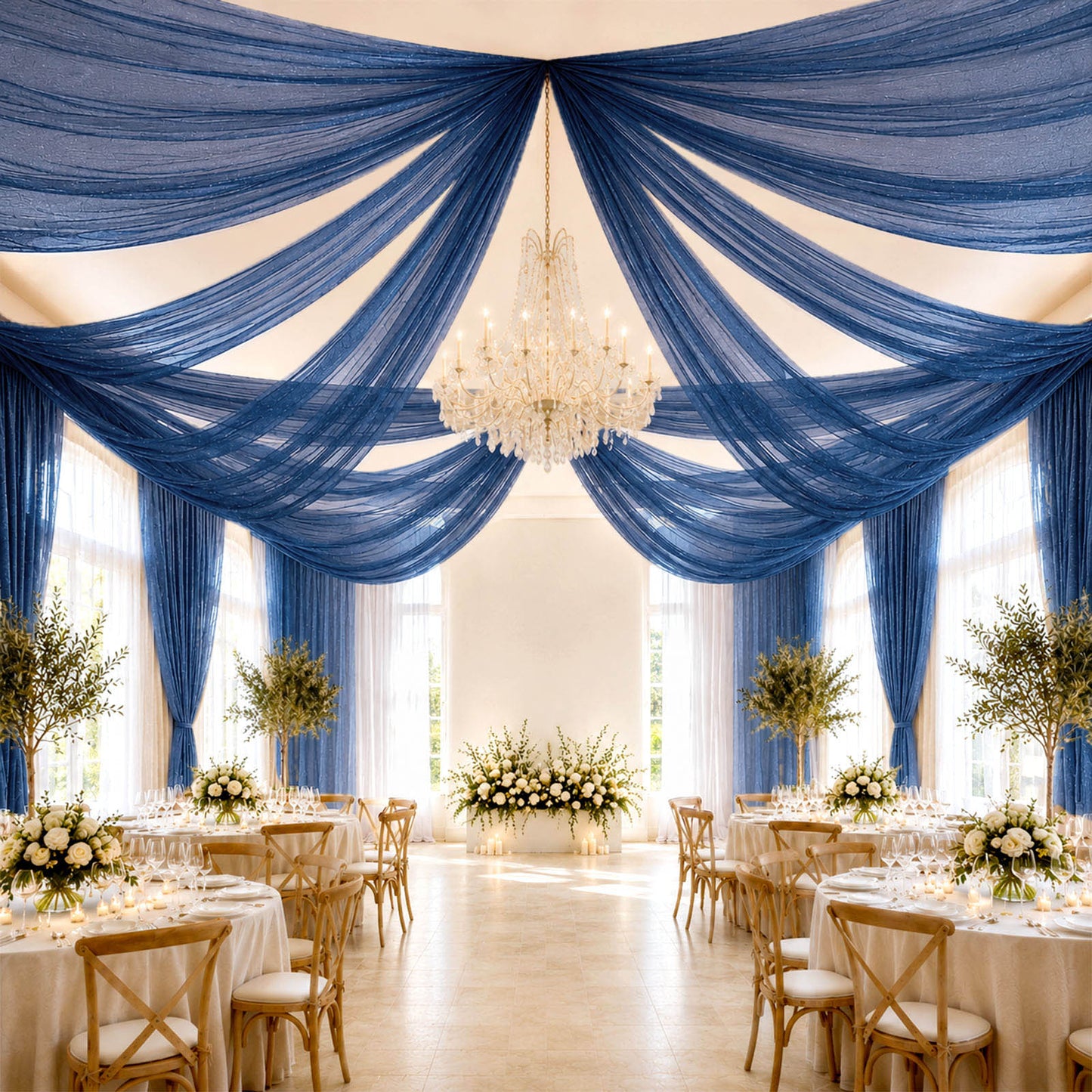 Sheer Ceiling Drape – 10ft x 32ft Navy Blue Extra Long Drapery Panel for Wedding Canopy, Backdrop & 
