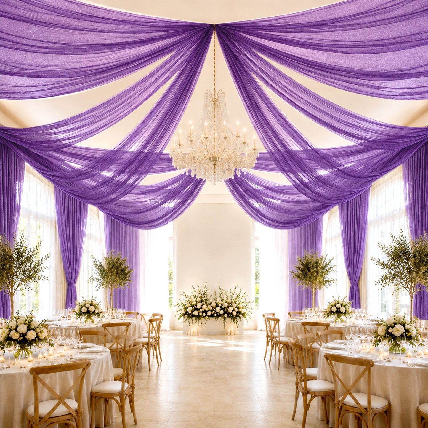 Sheer Ceiling Drape – 10ft x 32ft Purple Extra Long Drapery Panel for Wedding Canopy, Backdrop & Rec