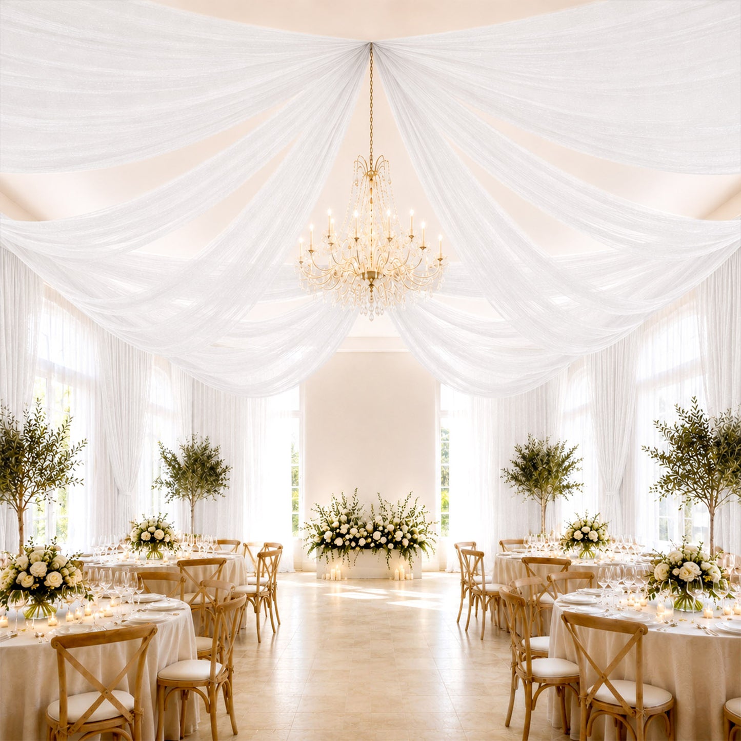 Sheer Ceiling Drape – 10ft x 32ft White Extra Long Drapery Panel for Wedding Canopy, Backdrop & Rece