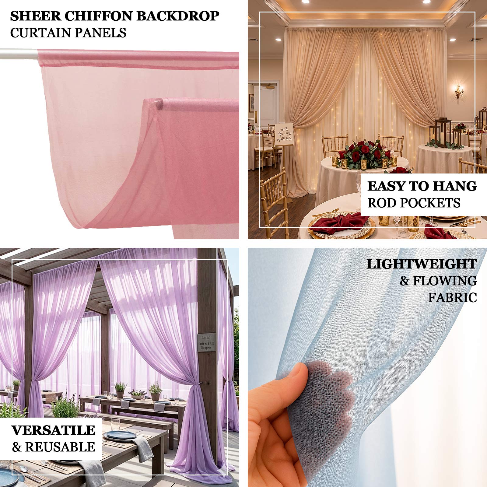 Lightweight sheer drapery fabric creating graceful folds and romantic event styling