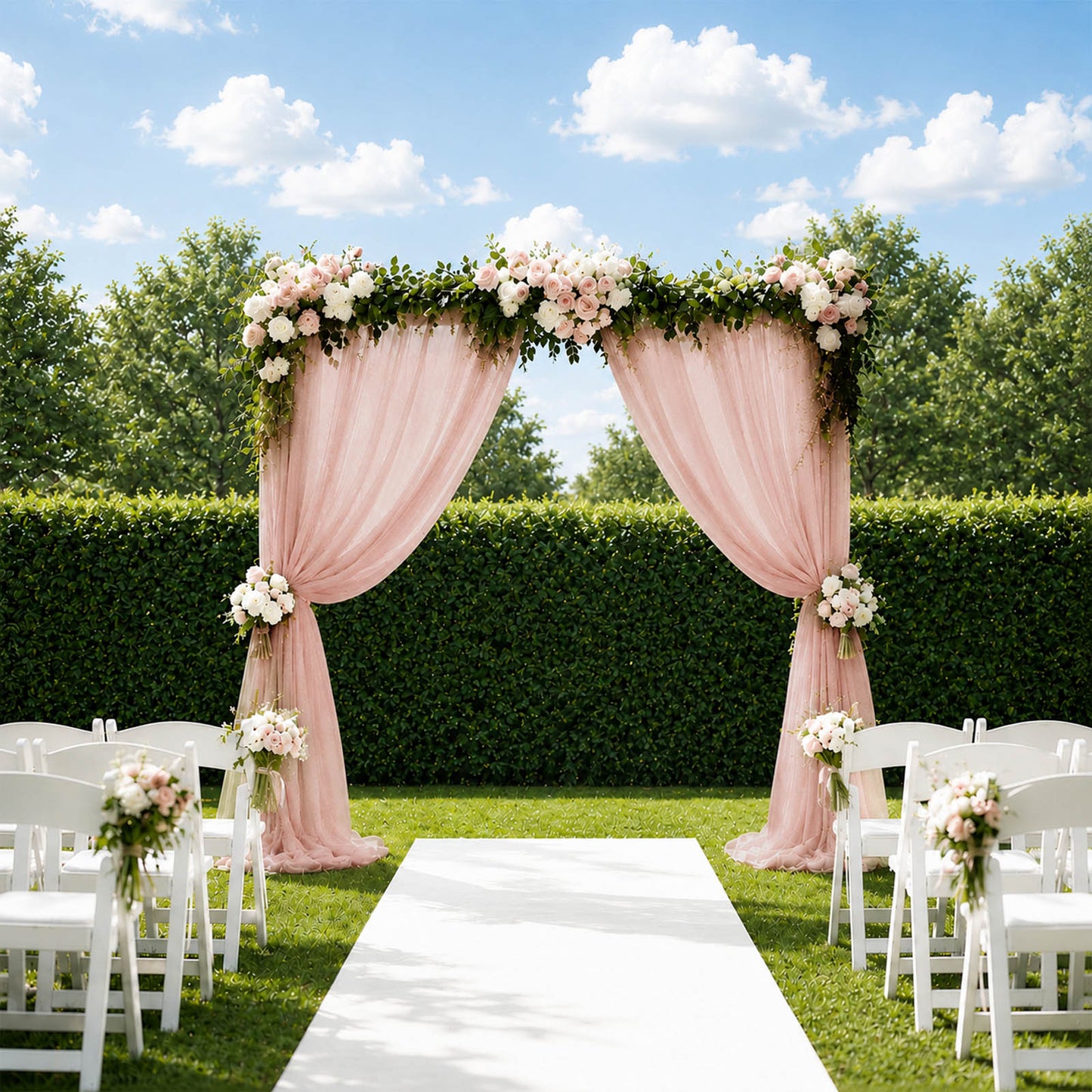 Blush sheer backdrop curtain drape for wedding arch with floral accents.