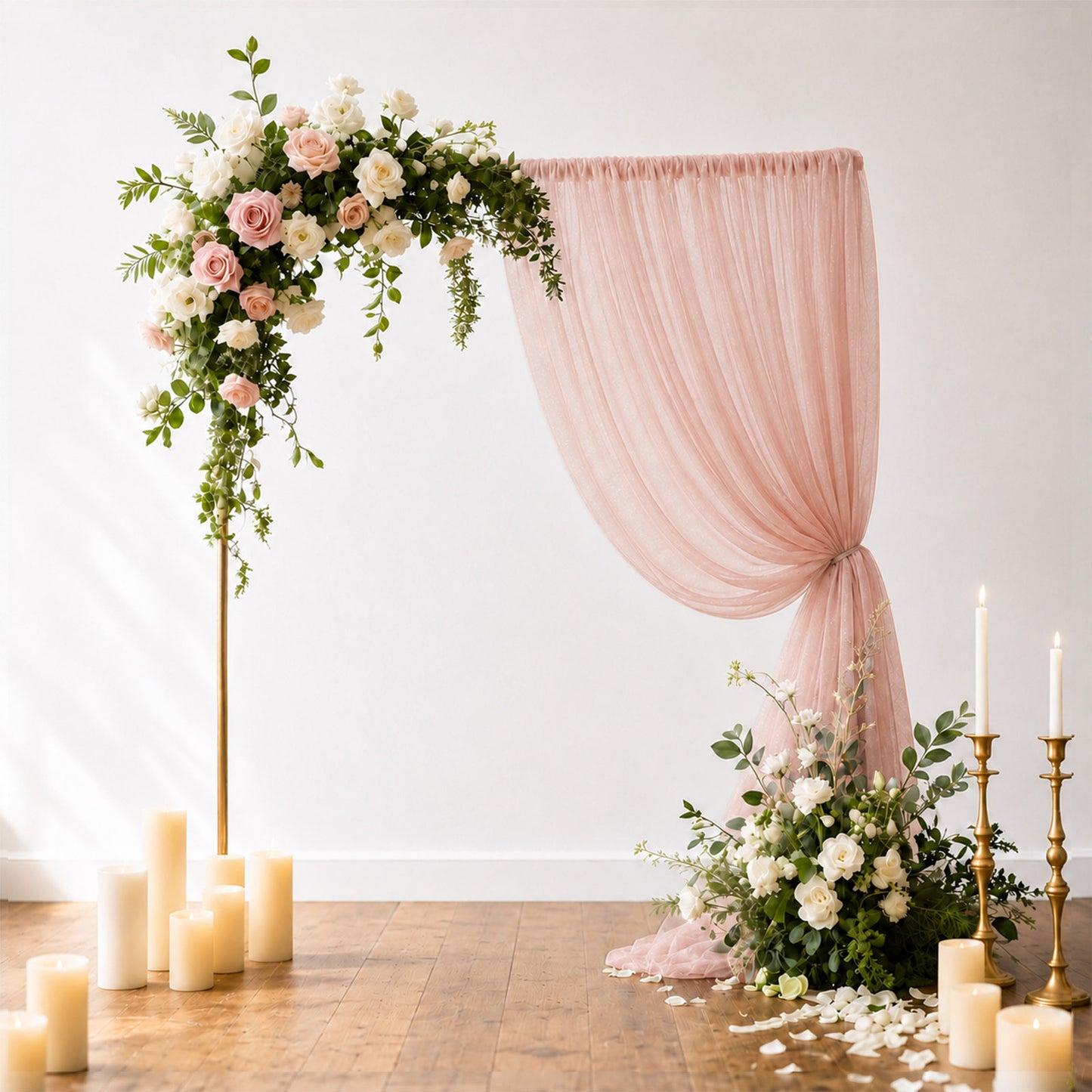 Blush sheer backdrop curtain panel draped elegantly for wedding decor.