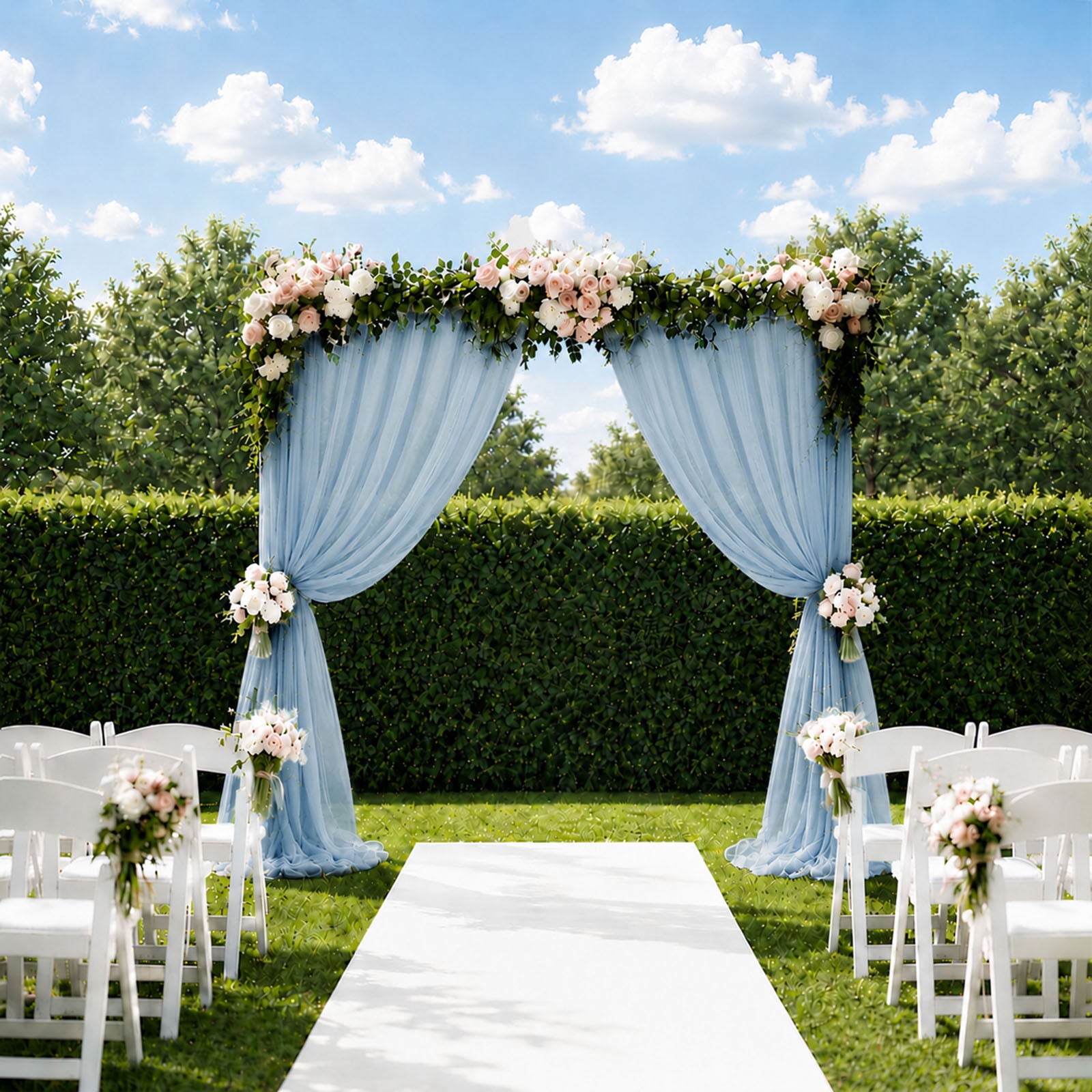 Dusty blue sheer curtain panel draping a wedding arch with floral accents.