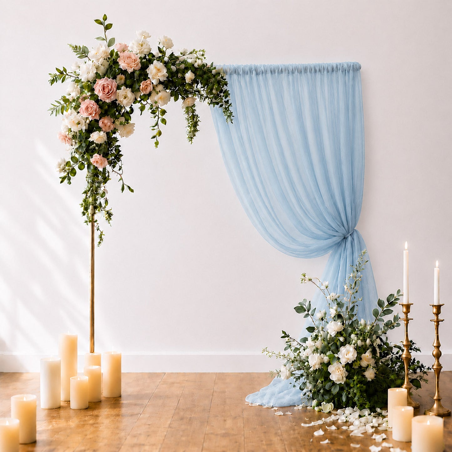 Dusty blue sheer backdrop curtain panel for weddings and events.