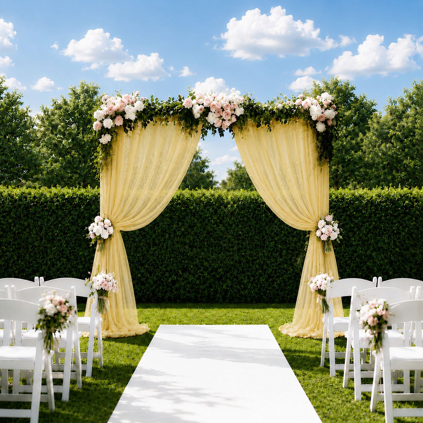 Champagne sheer backdrop curtain panel for wedding arch drape.