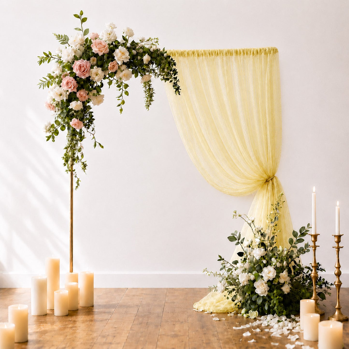 Champagne sheer backdrop curtain panel for wedding arch decoration.