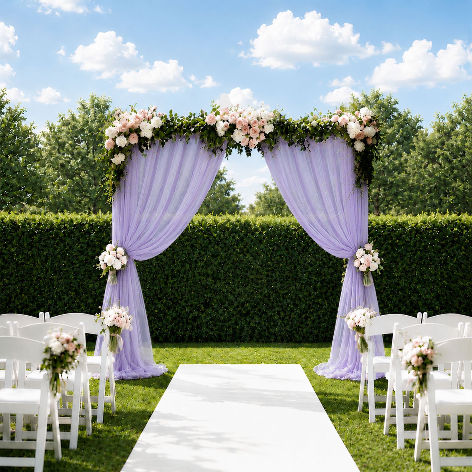 Lavender sheer backdrop curtain panel for wedding arch decoration.