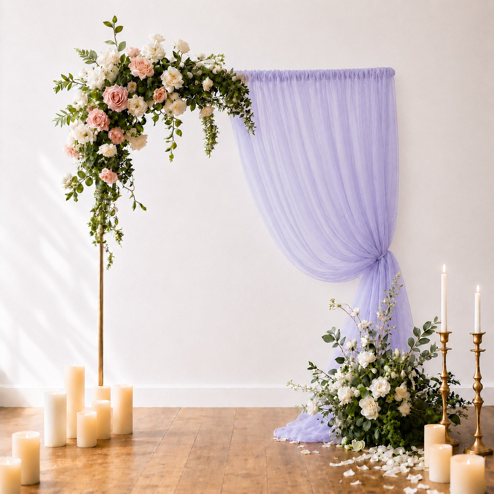 Lavender sheer backdrop curtain panel for wedding arch decoration.