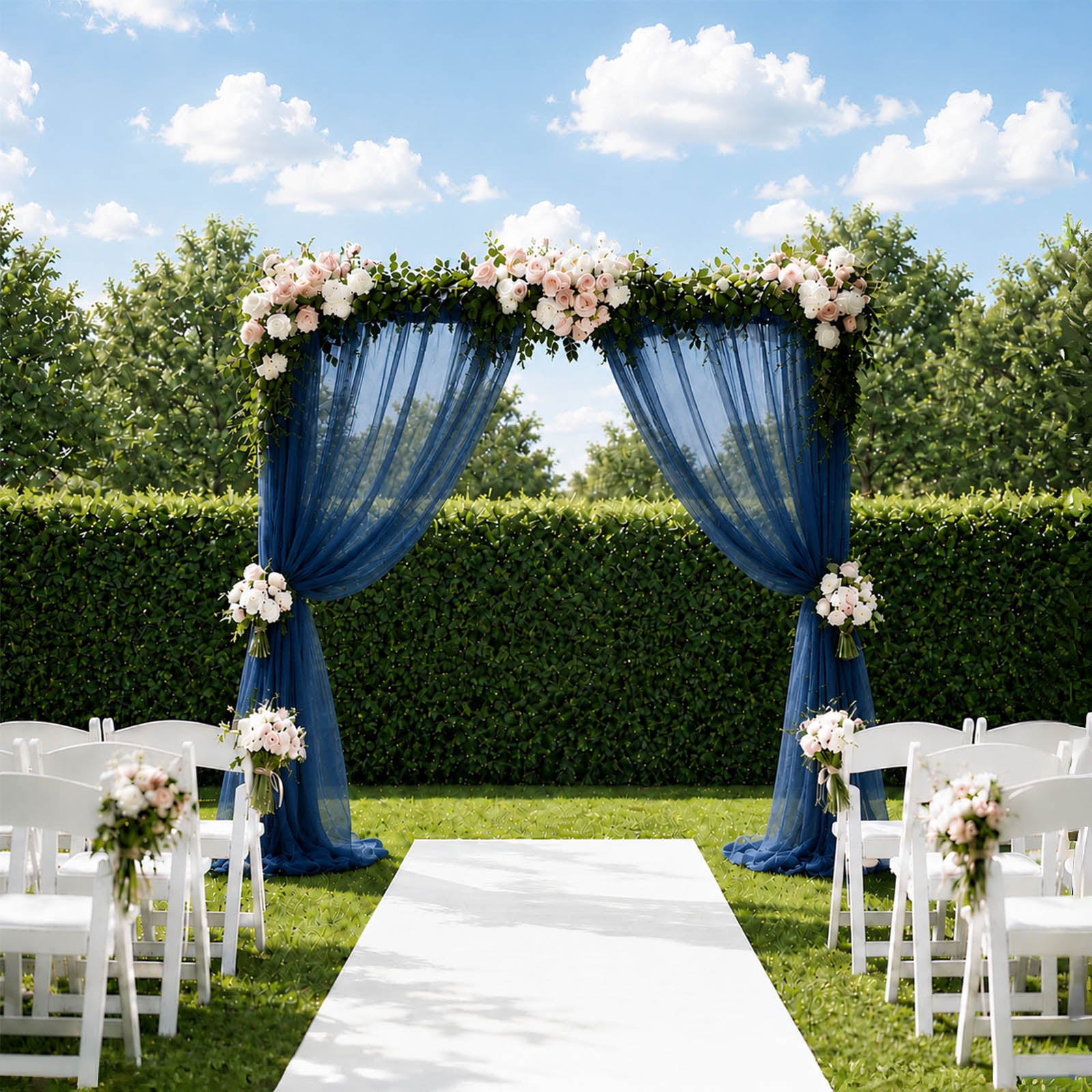Navy blue sheer backdrop curtain panel for wedding arch drape.