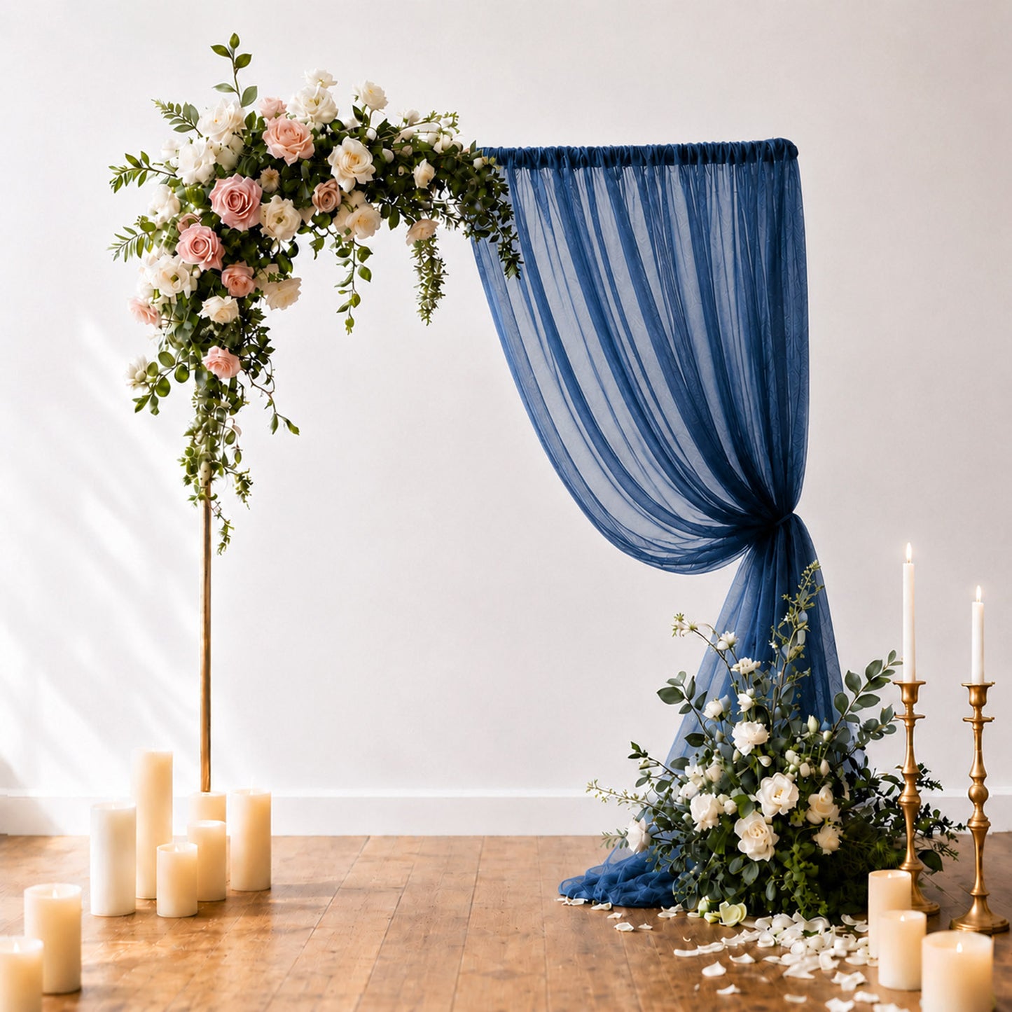 Navy blue sheer backdrop curtain panel for wedding decor.