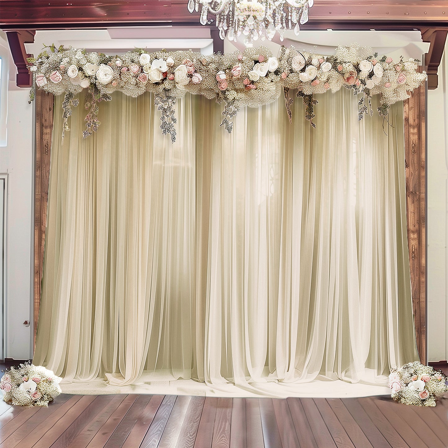 Beige sheer backdrop drape for wedding arch and ceiling decor.