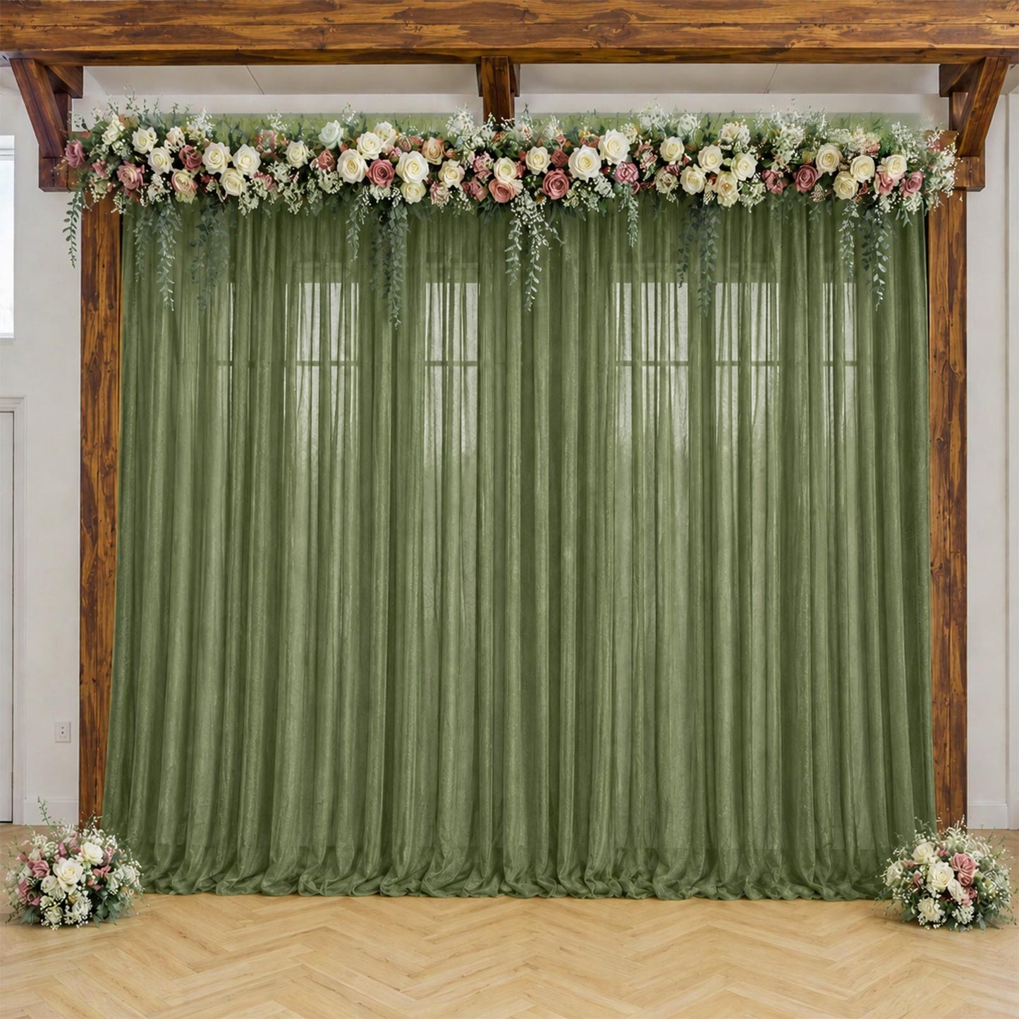 Dusty sage green sheer backdrop drape for wedding arch and ceiling decor.