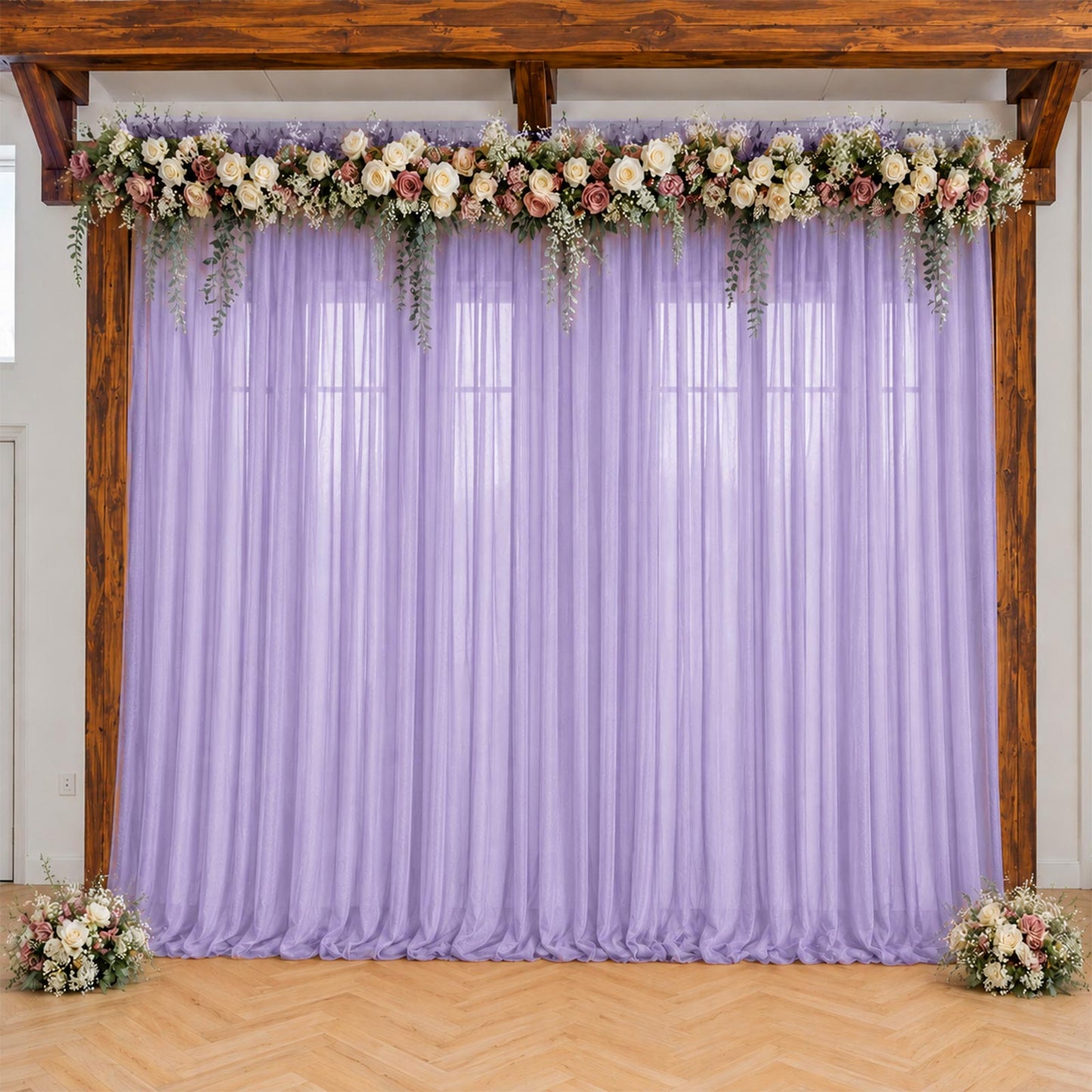 Lavender sheer backdrop drape for wedding arch and ceiling decor.