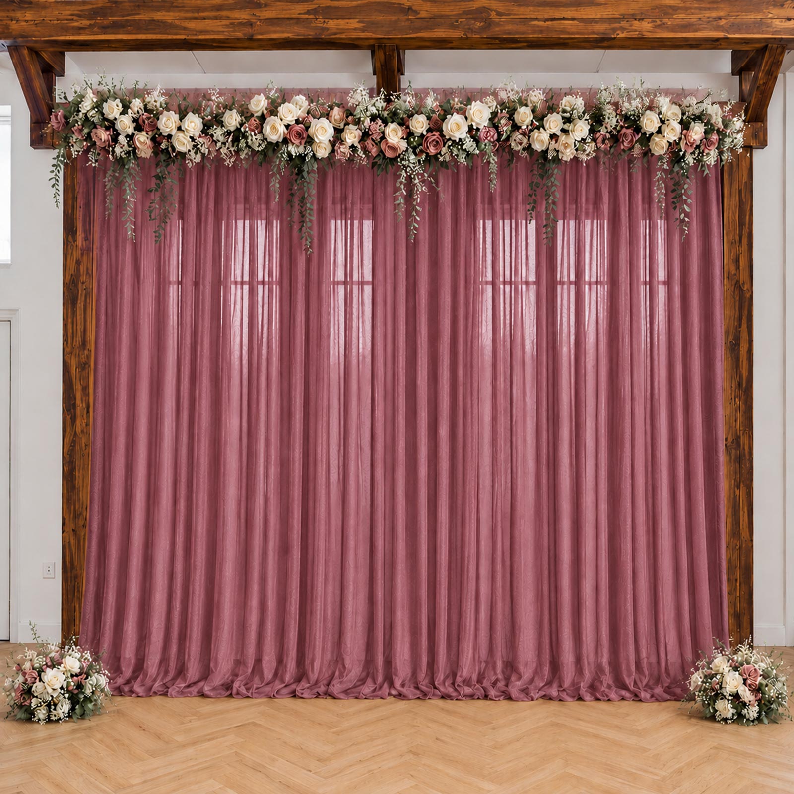 Mauve sheer backdrop drape for wedding arch and ceiling decor.