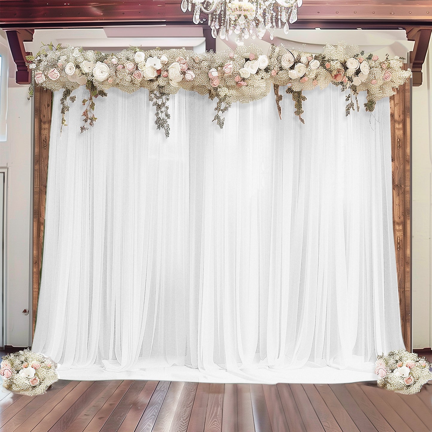 Blush floral backdrop with white drapes for weddings and events.