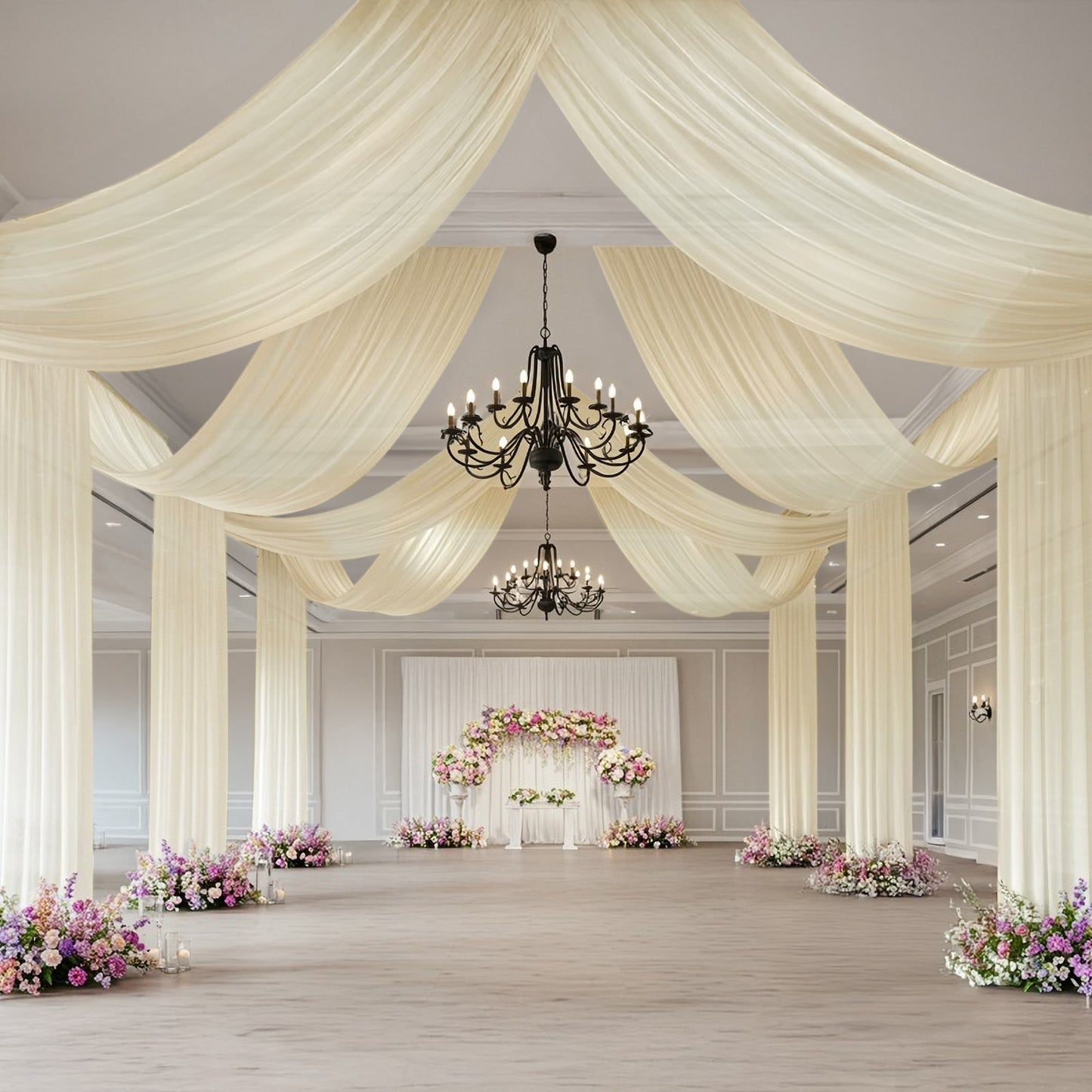 Beige sheer backdrop drape for elegant wedding arch and ceiling decor.
