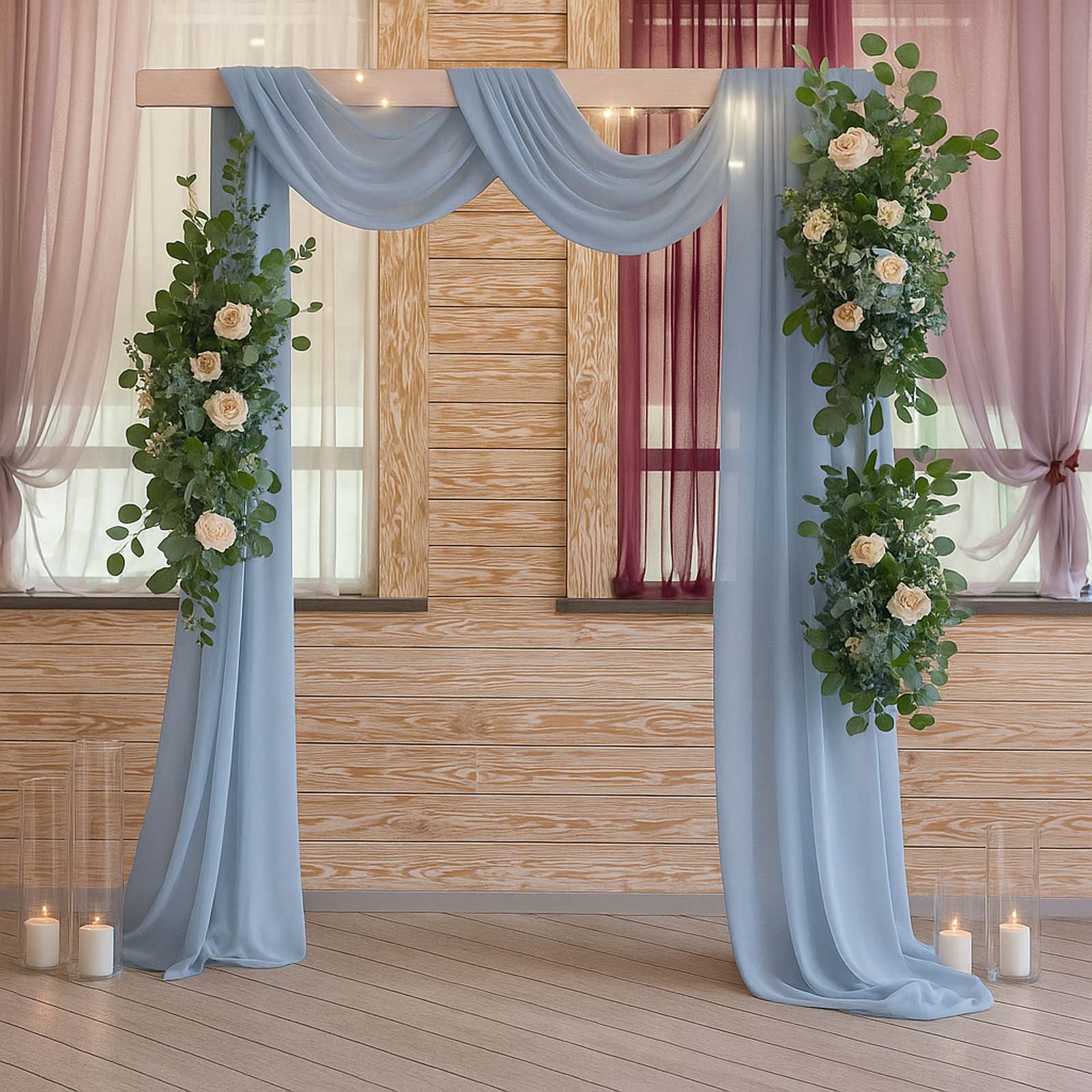 Dusty blue sheer backdrop drape for wedding arch and ceiling decor.