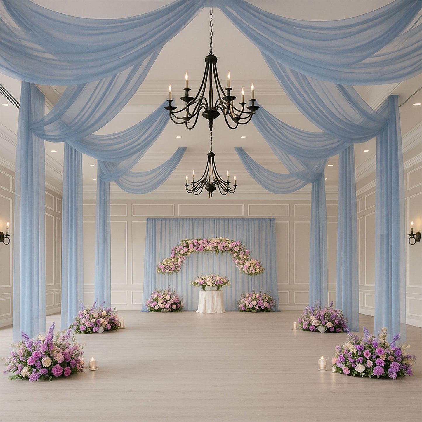 Dusty blue sheer backdrop drape for wedding arch and ceiling decor.