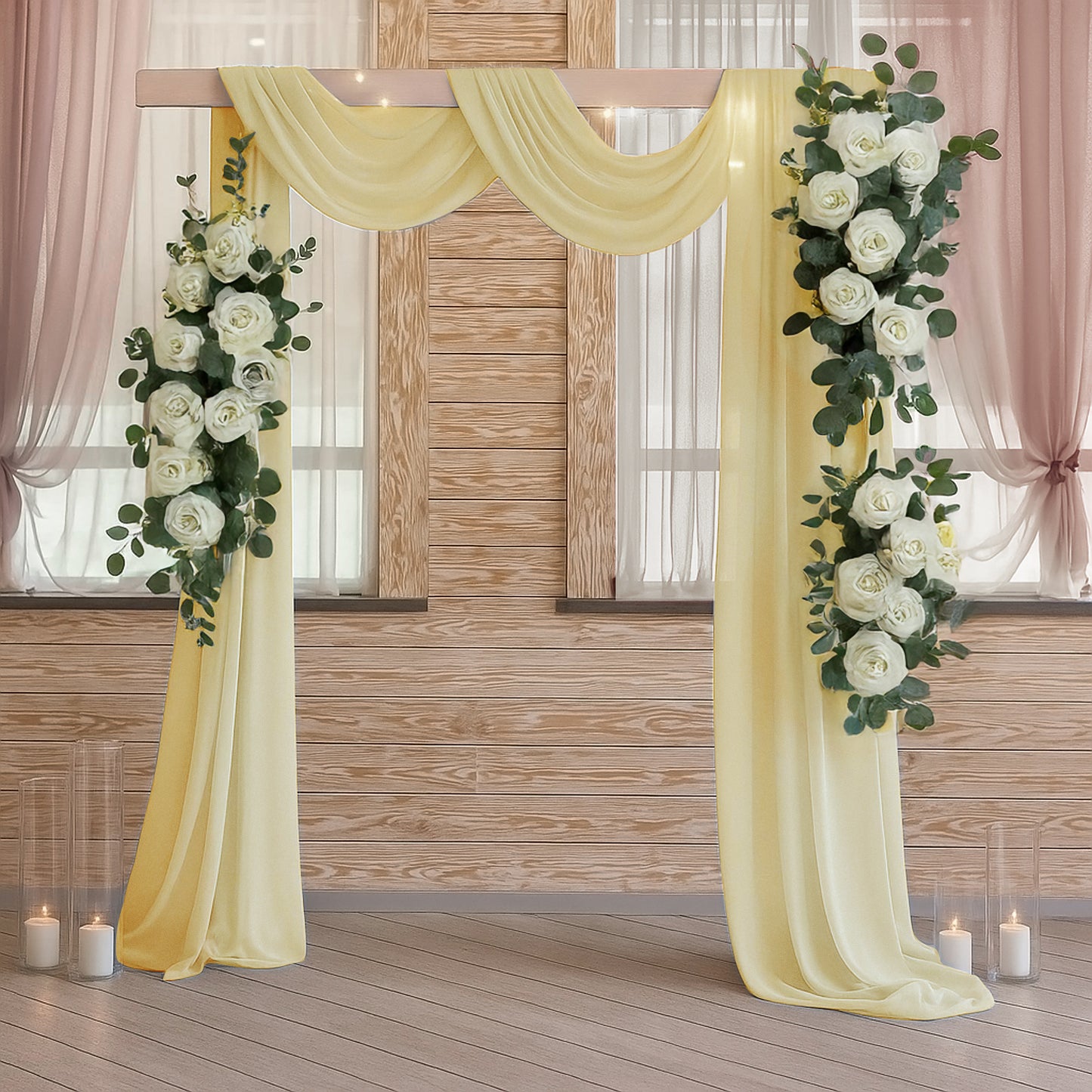 Champagne sheer backdrop drape for wedding arch and ceiling decor.