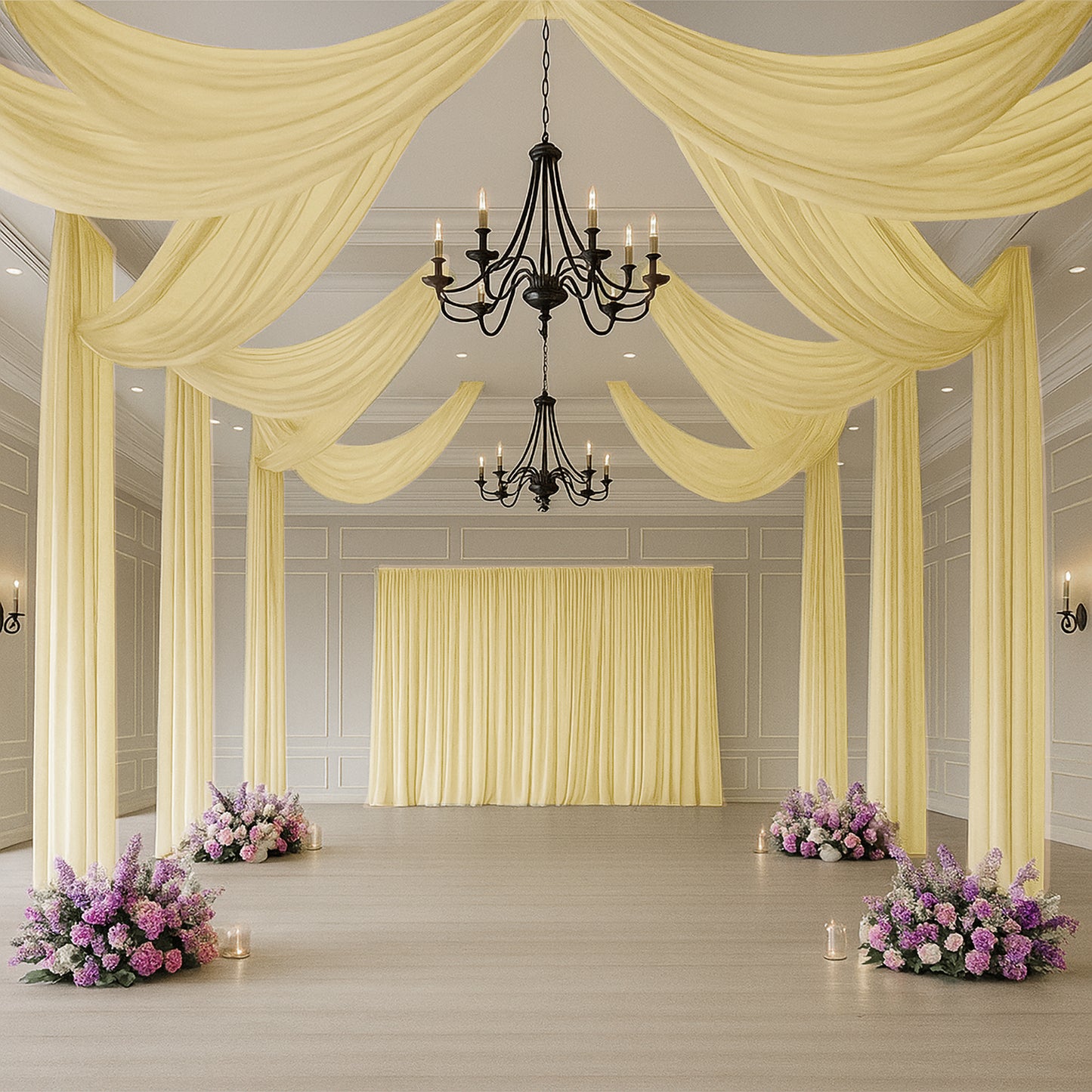 Champagne sheer backdrop drape for wedding arch and ceiling decor.