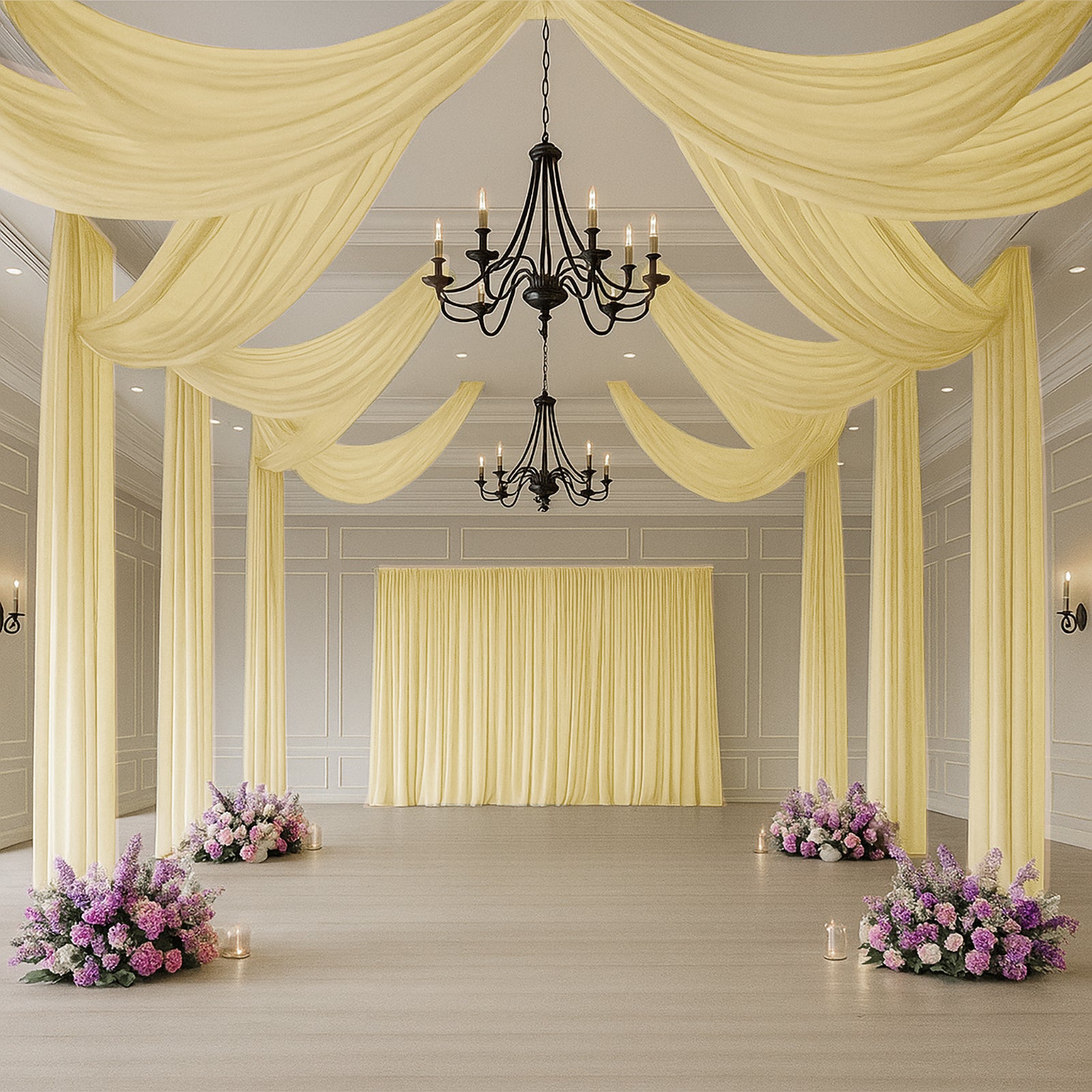 Champagne sheer backdrop drape for wedding arch and ceiling decor.