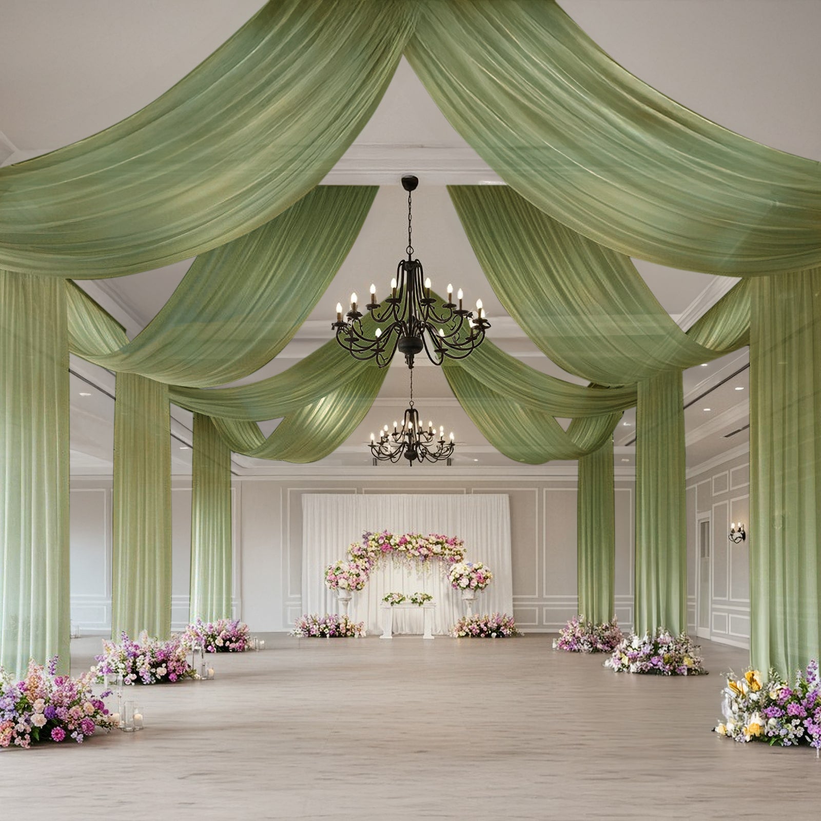 Dusty sage green sheer backdrop drape for wedding arch and ceiling decor.