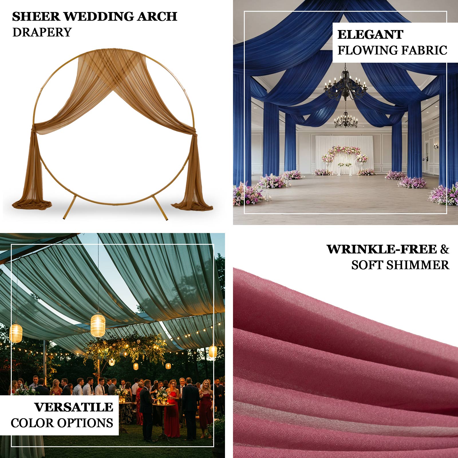 Blush sheer backdrop drape for wedding arch and ceiling decor.