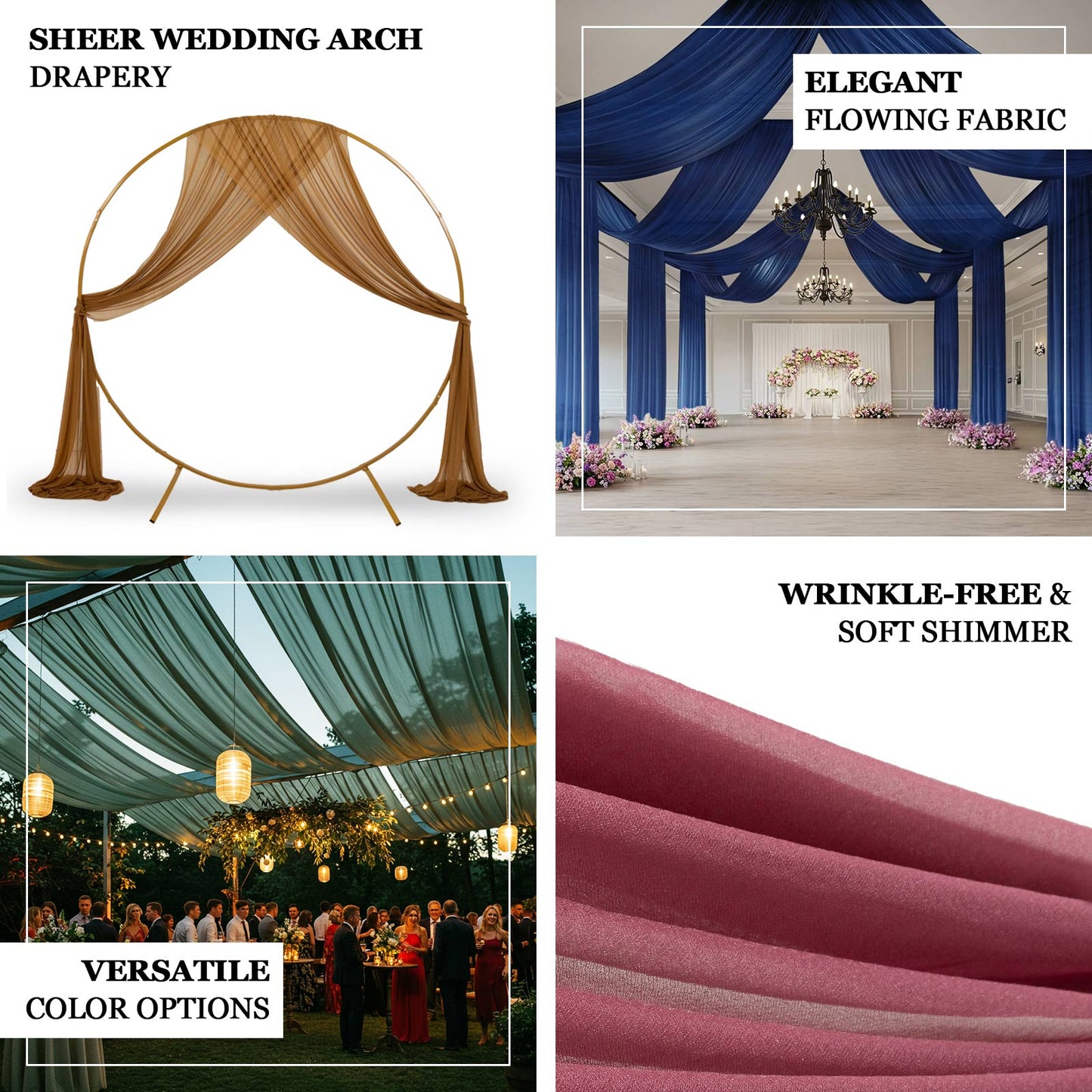 Beige sheer backdrop drape for wedding arch and ceiling decor.