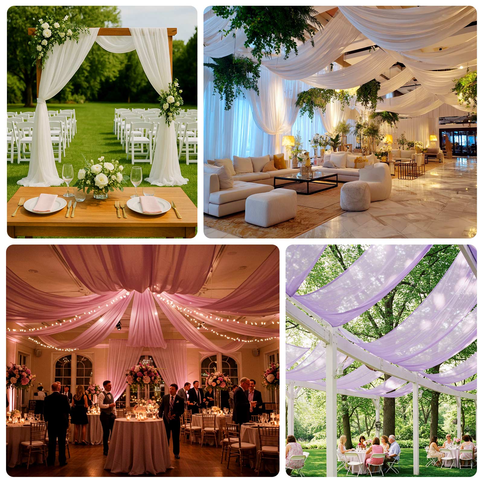 Blush sheer backdrop drape for wedding arch and ceiling decor.