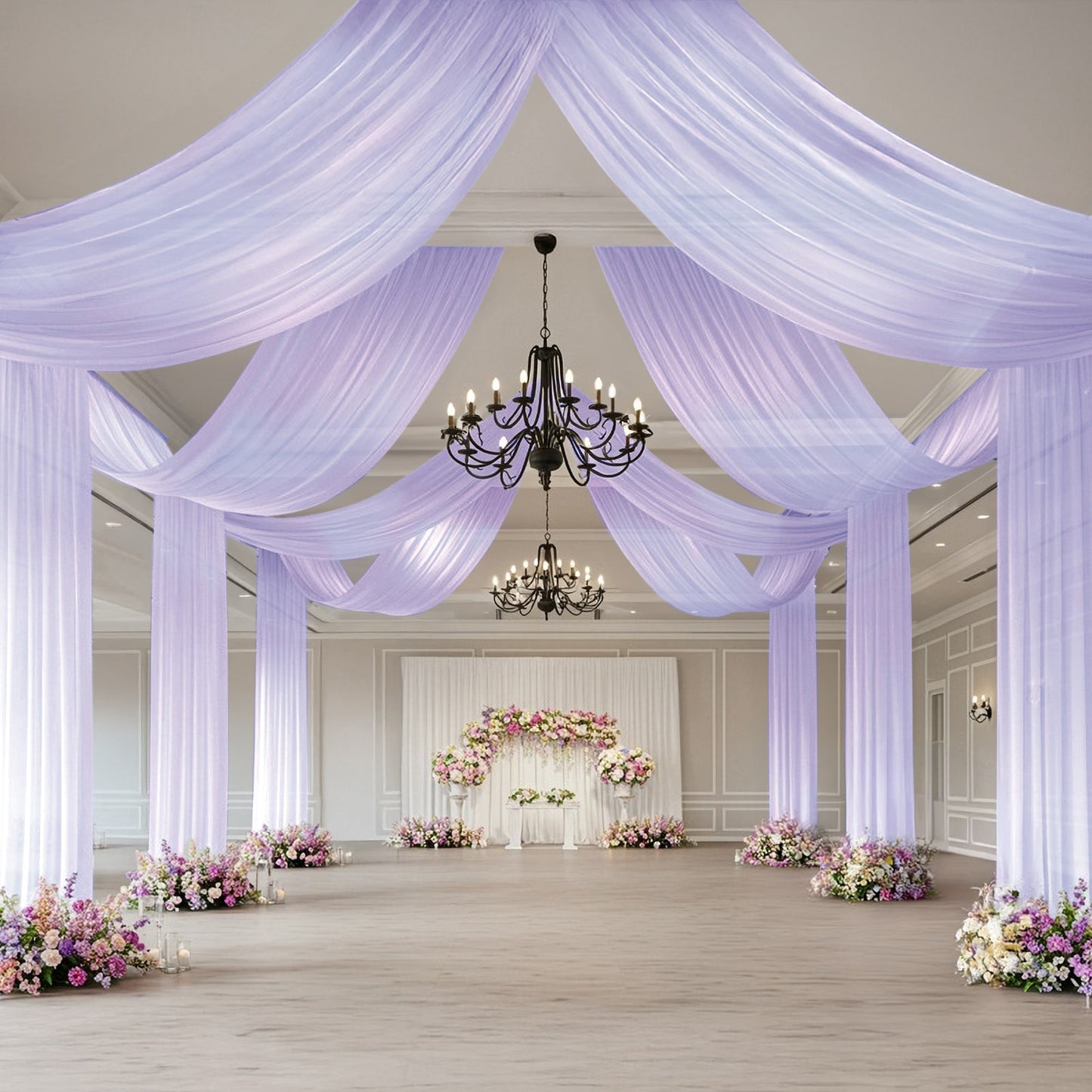 Lavender sheer backdrop drape for wedding arch and ceiling decor.