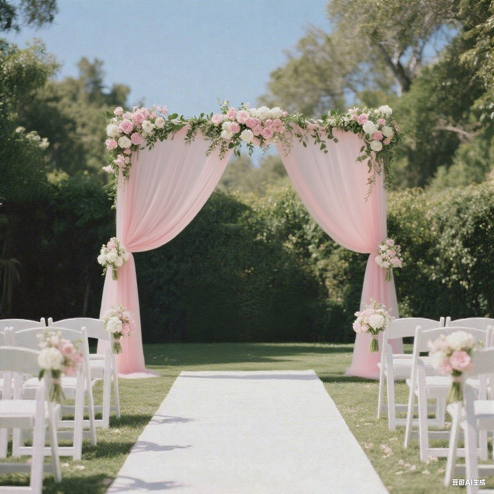 Blush sheer backdrop curtain drape for wedding arch with floral accents.