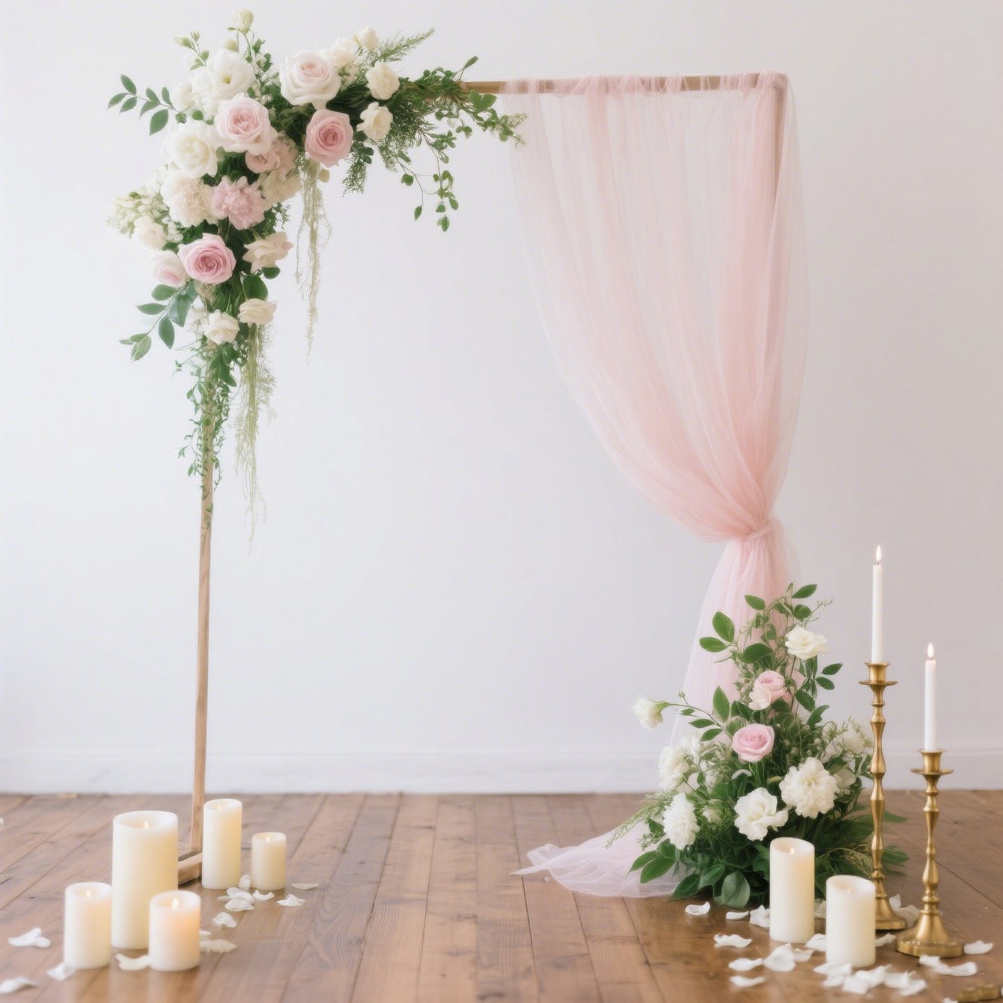 Blush sheer backdrop curtain panel draped elegantly for wedding decor.