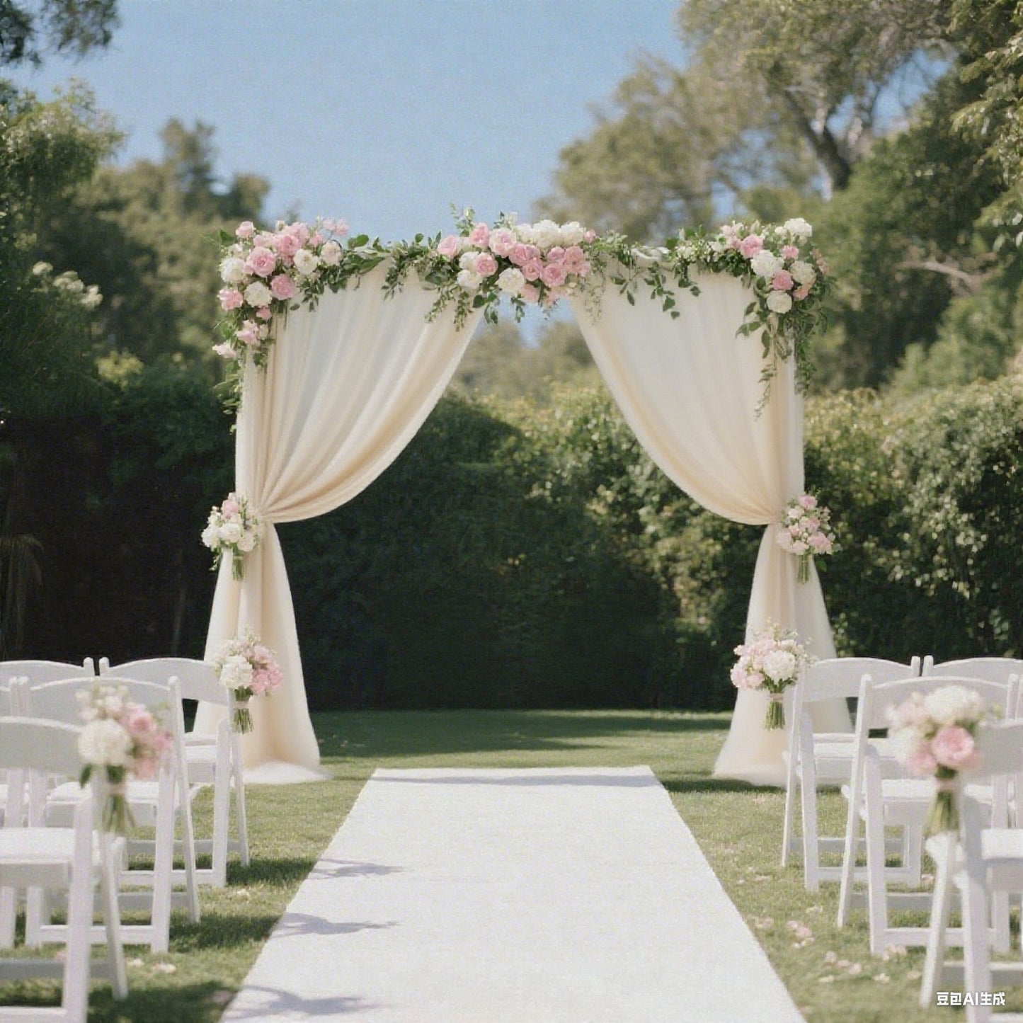 Beige sheer backdrop curtain panel for wedding arch decor.