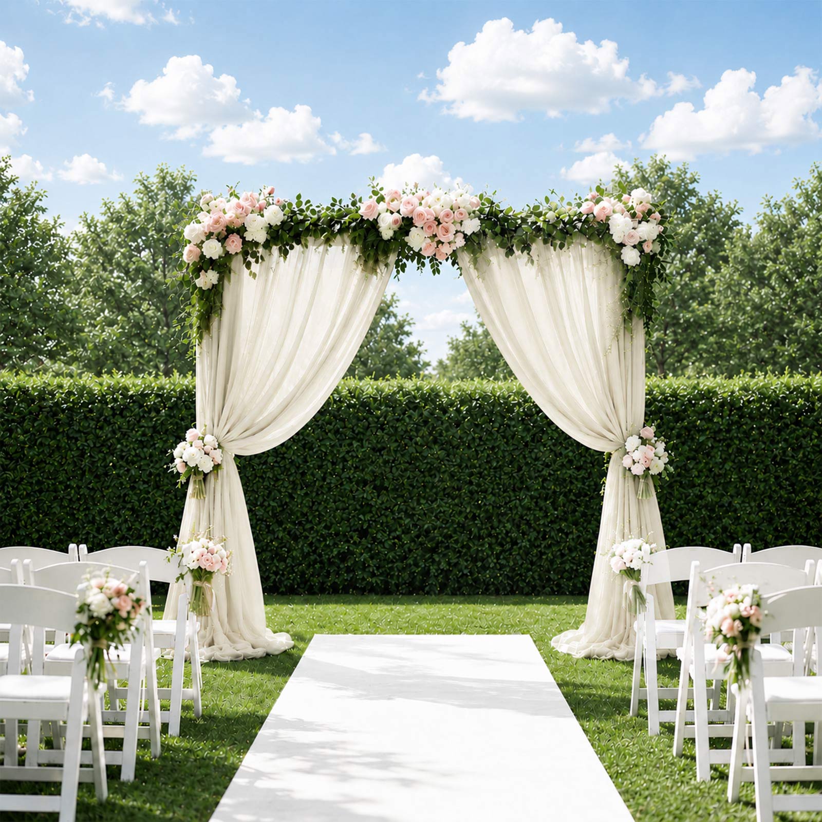 Beige sheer backdrop curtain panel for wedding arch decor.