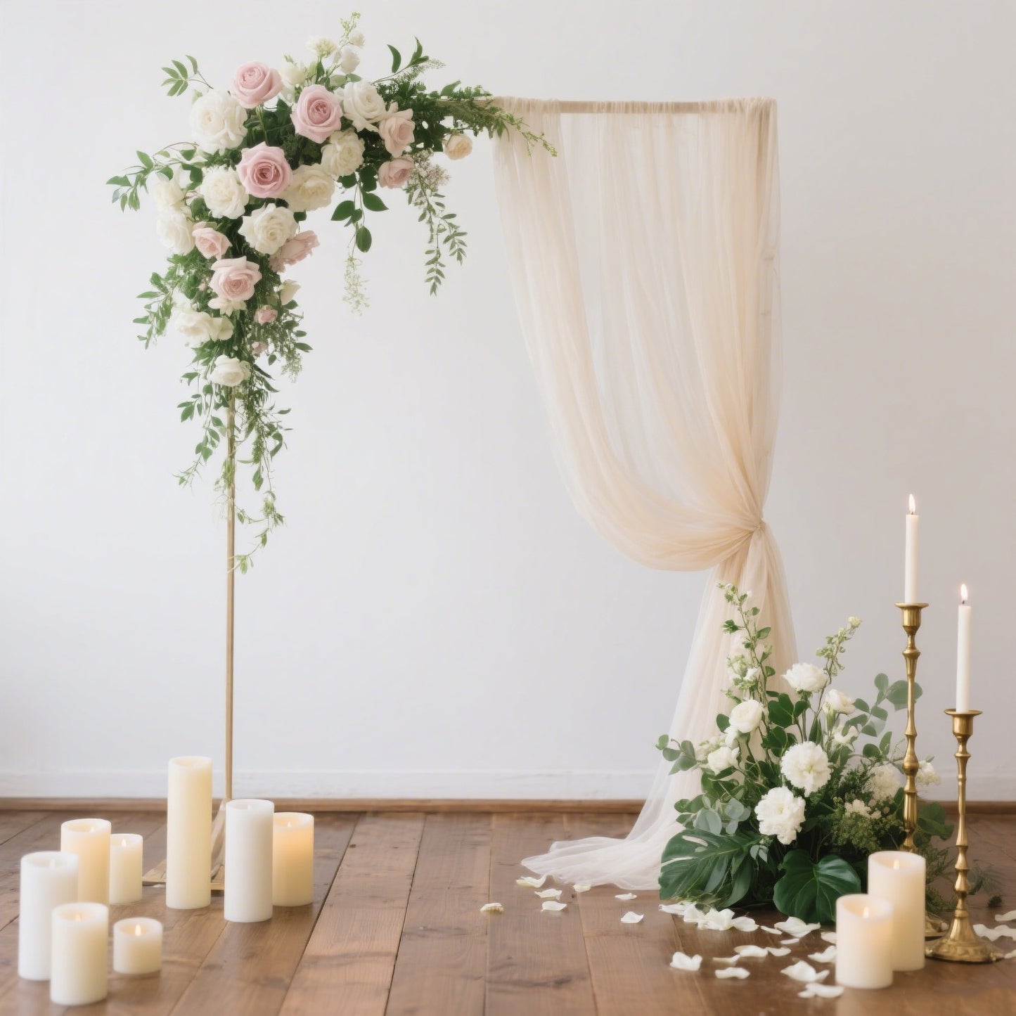 Beige sheer backdrop curtain panel for wedding arch draping.