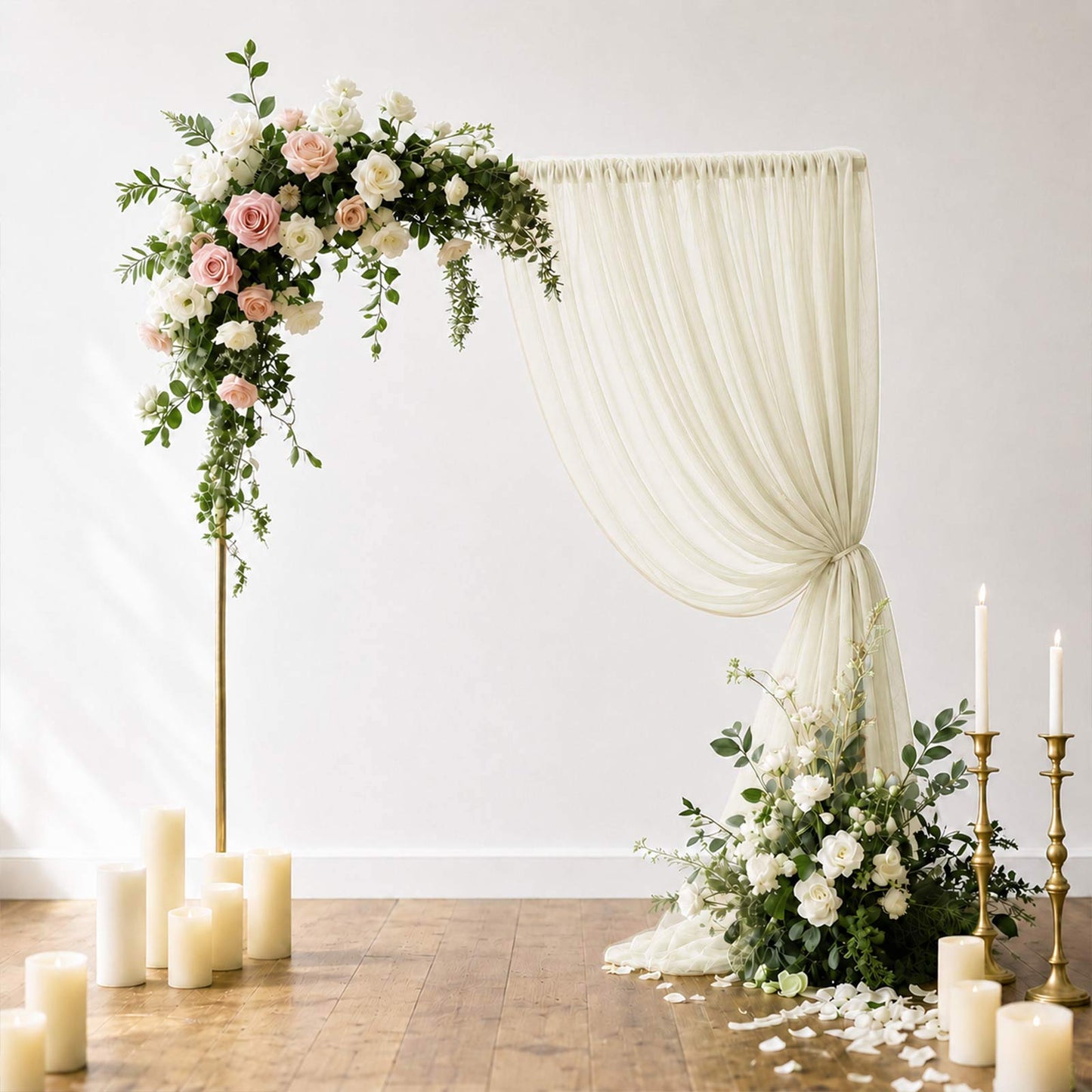 Beige sheer backdrop curtain panel for wedding arch draping.