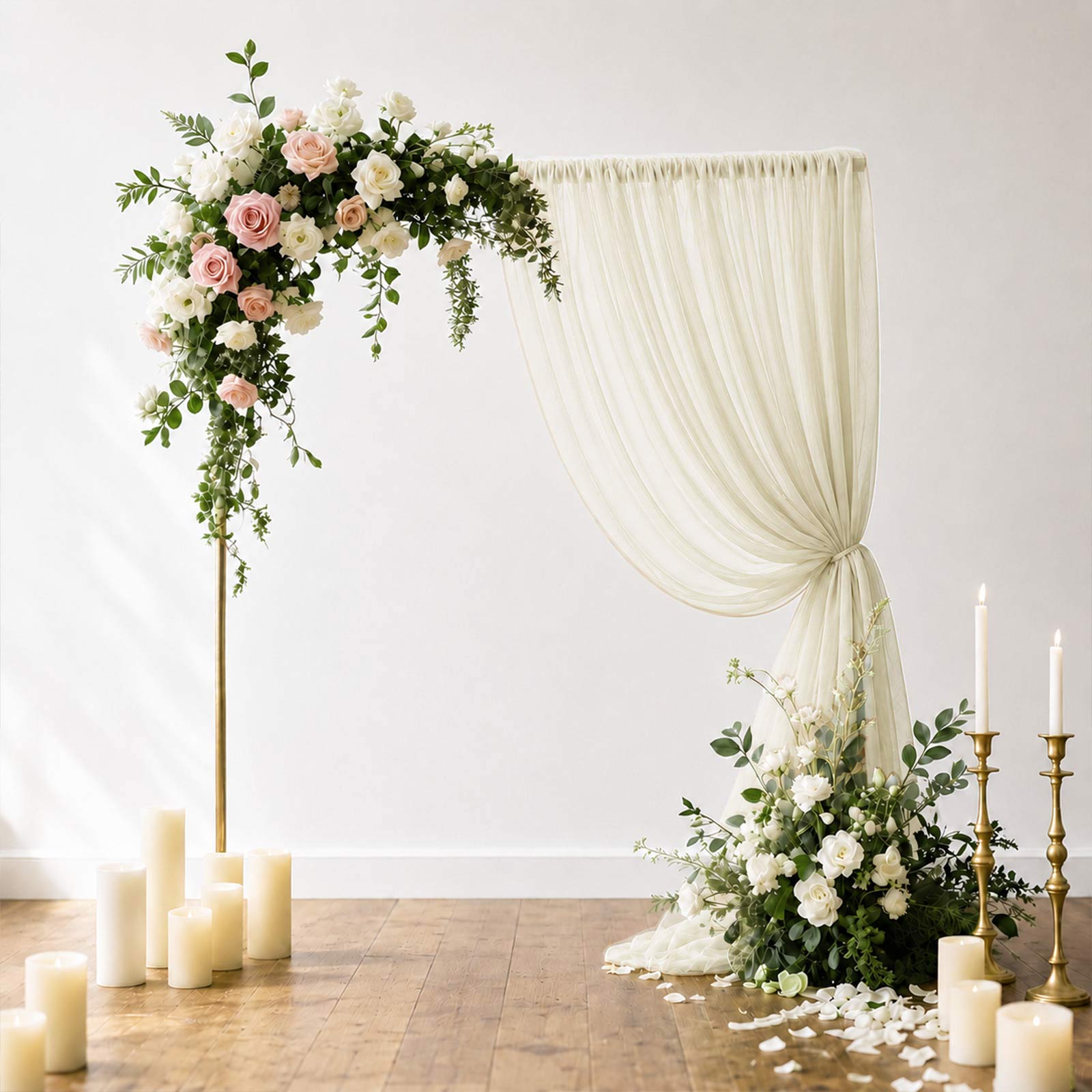 Beige sheer backdrop curtain panel for wedding arch draping.